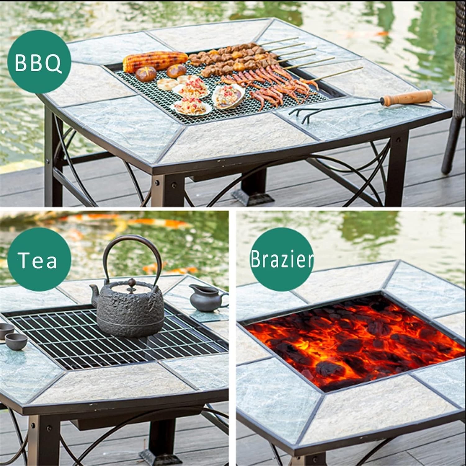 Barbecue Brazier Outdoor Grill Table Fire Pit Garden Patio BBQ Table Charcoal Outdoor Grill Household with Net Cover Heating Charcoal Brazier, Ice Pit 83x 83x 48cm