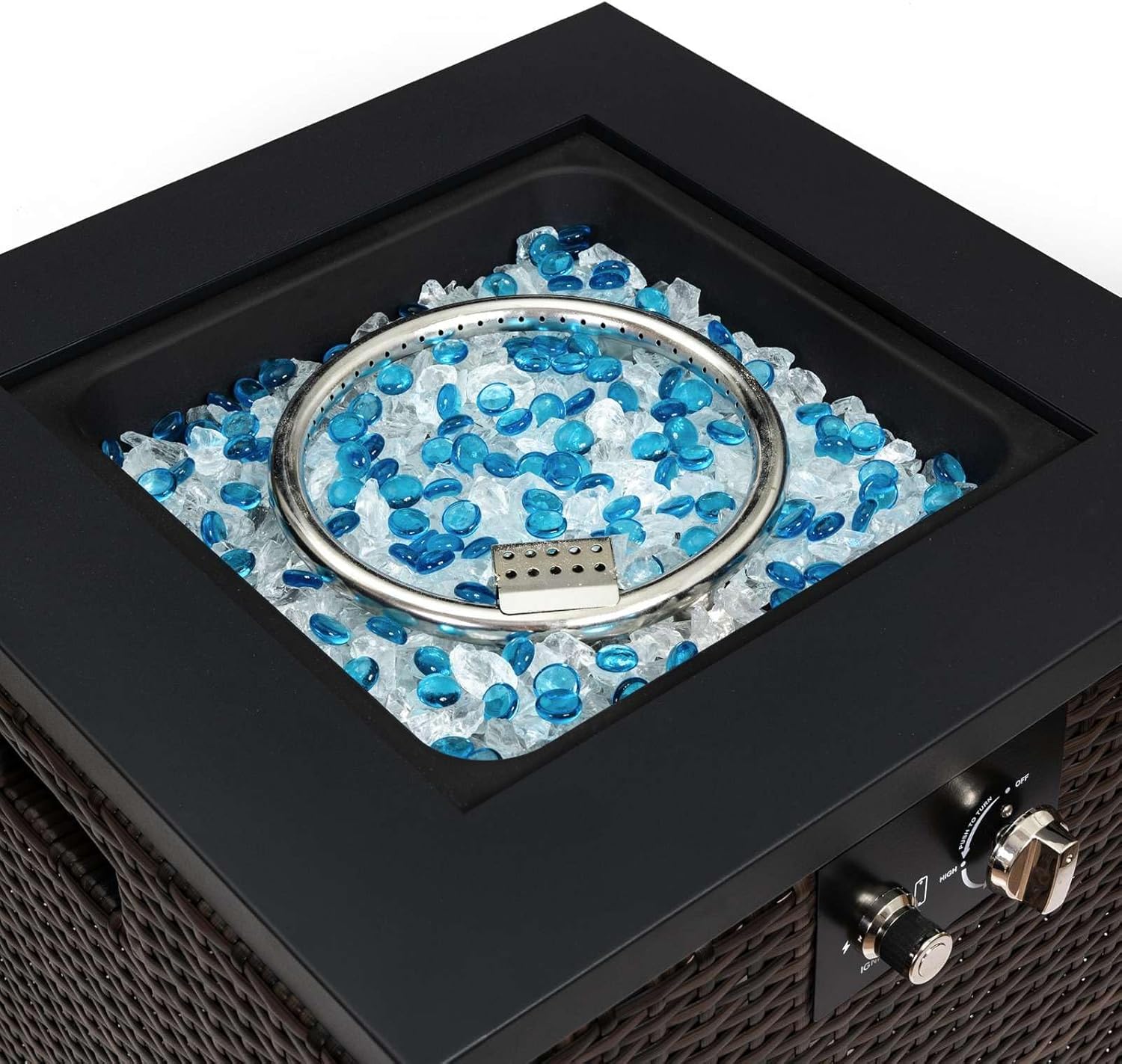 40000BTU Outdoor Wicker Fire Pit Column with Glass Wind Guard - Propane Gas Fire Pit Table for Patio and Garden Decor - Includes Rain Cover and Lid