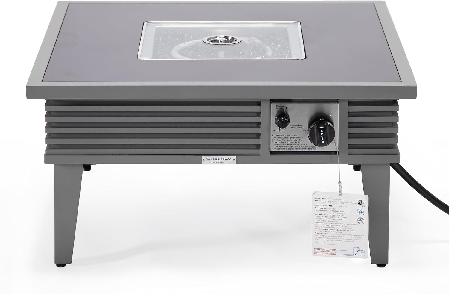 LeisureMod Walbrooke Modern Outdoor Square Fire Pit Table with Powder-Coated Aluminum Frame and Slats Design for Patio and Backyard Garden, Grey