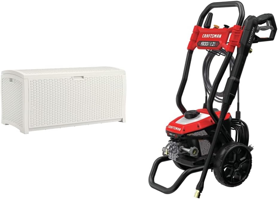 Suncast 99 Gal Resin Wicker Patio Storage Box - Water Resistant Outdoor Storage Container - White & CRAFTSMAN Electric Pressure Washer