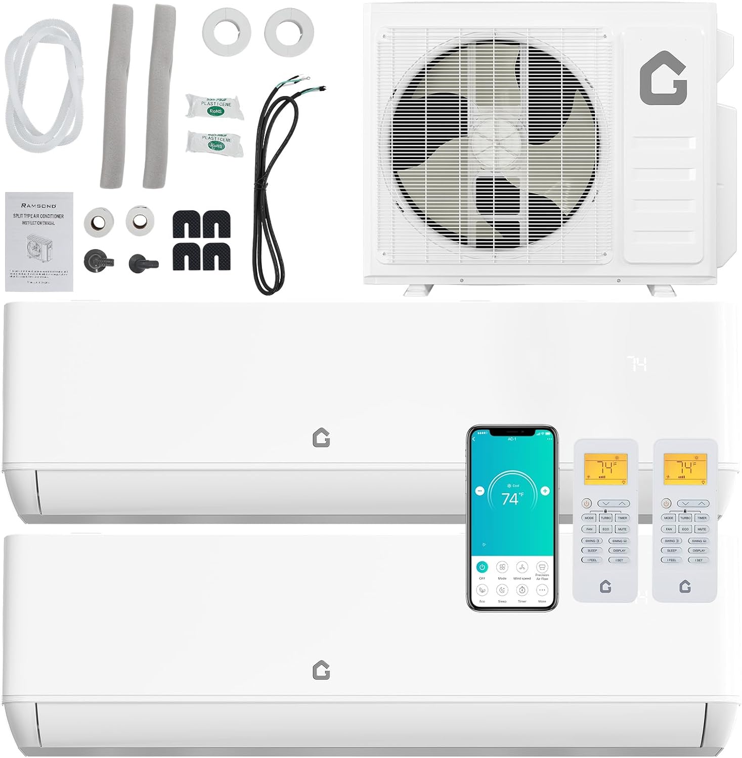 18K Dual 2 Zone Mini Split Air Conditioner,24 SEER2 12000 BTU+ 12000 BTU Wifi Enabled Multi Zone Ductless, 208-230V Cools Up to 1500 Sq.Ft Multi Zone Ductless Pre-Charged Heat Pump