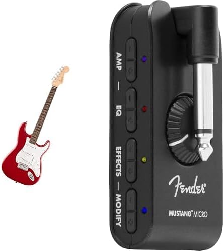 Fender Squier Debut Series Stratocaster Electric Guitar, Beginner Guitar, Dakota Red with Matte Finish + Fender Mustang Micro Headphone Amplifier