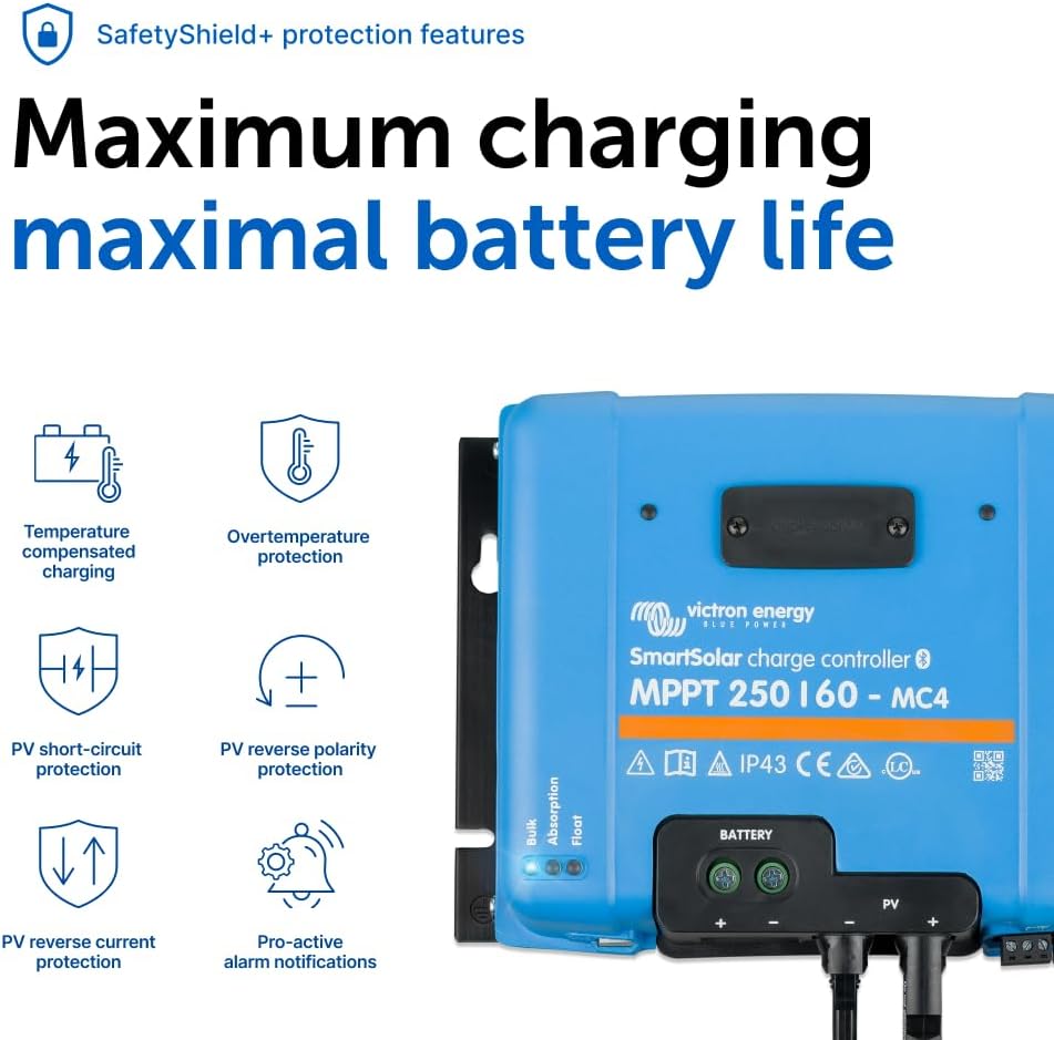 Victron Energy SmartSolar MPPT MC4 Compatible Solar Charge Controller (Bluetooth) - Charge Controllers for Solar Panels - 250V, 60 amp, 12/24/36/48-Volt