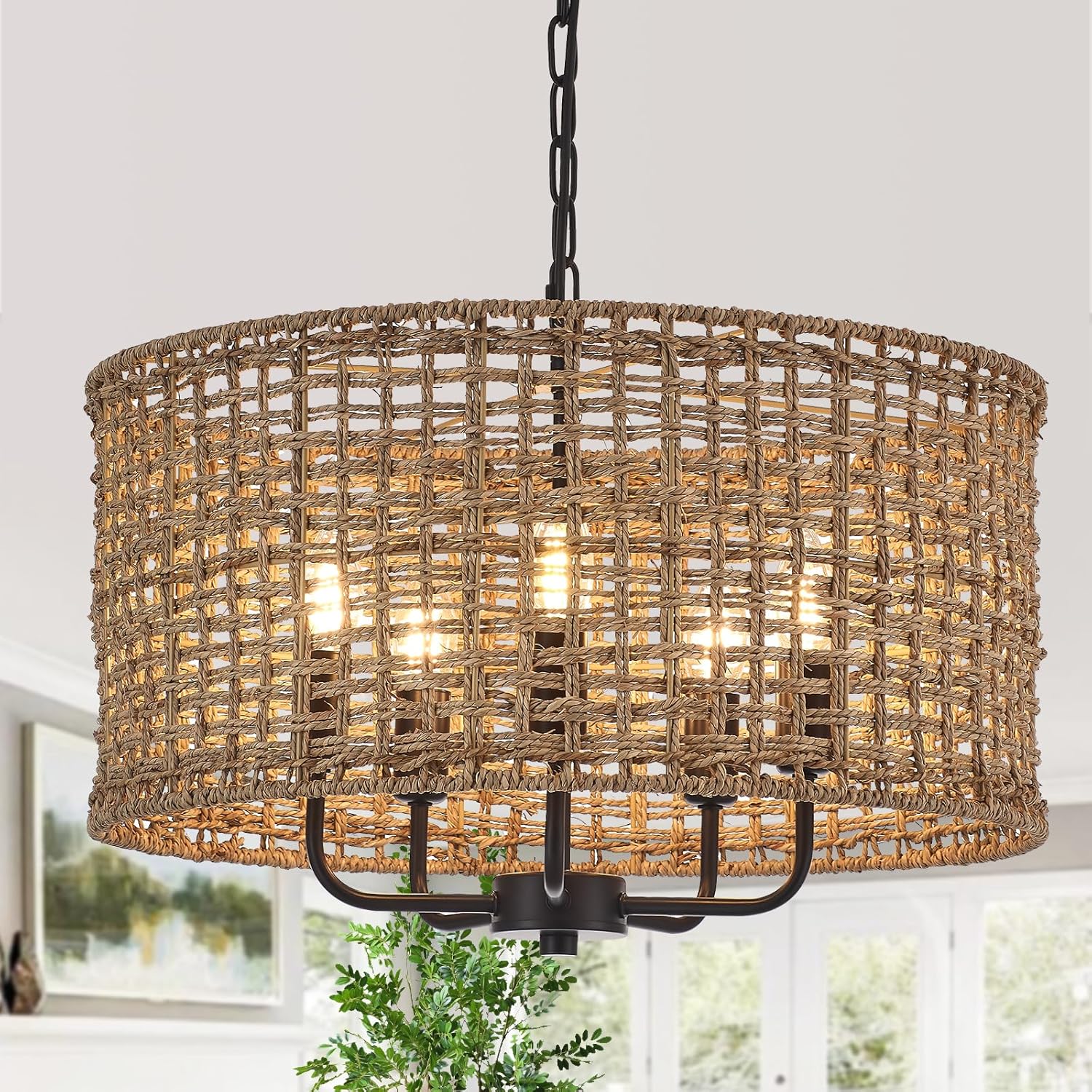 Hand-Woven Rattan Chandelier Vintage Farmhouse Boho Bamboo Chandeliers Light Fixture Rustic Retro 5-Lights Drum Wicker Rattan Black Chandelier for Dining Room, Kitchen, Living Room, E12