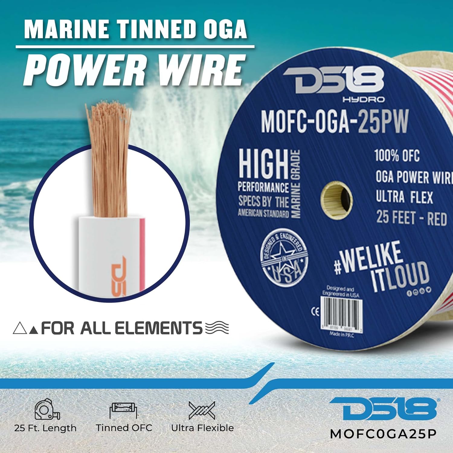DS18 Hydro MOFC0GA25P Marine Wire 0 Gauge 25 ft Tinned 100% OFC Oxygen-Free Copper Marine Grade White/Red Amplifier Amp Power/Ground Cable 25 Feet UltraFlex