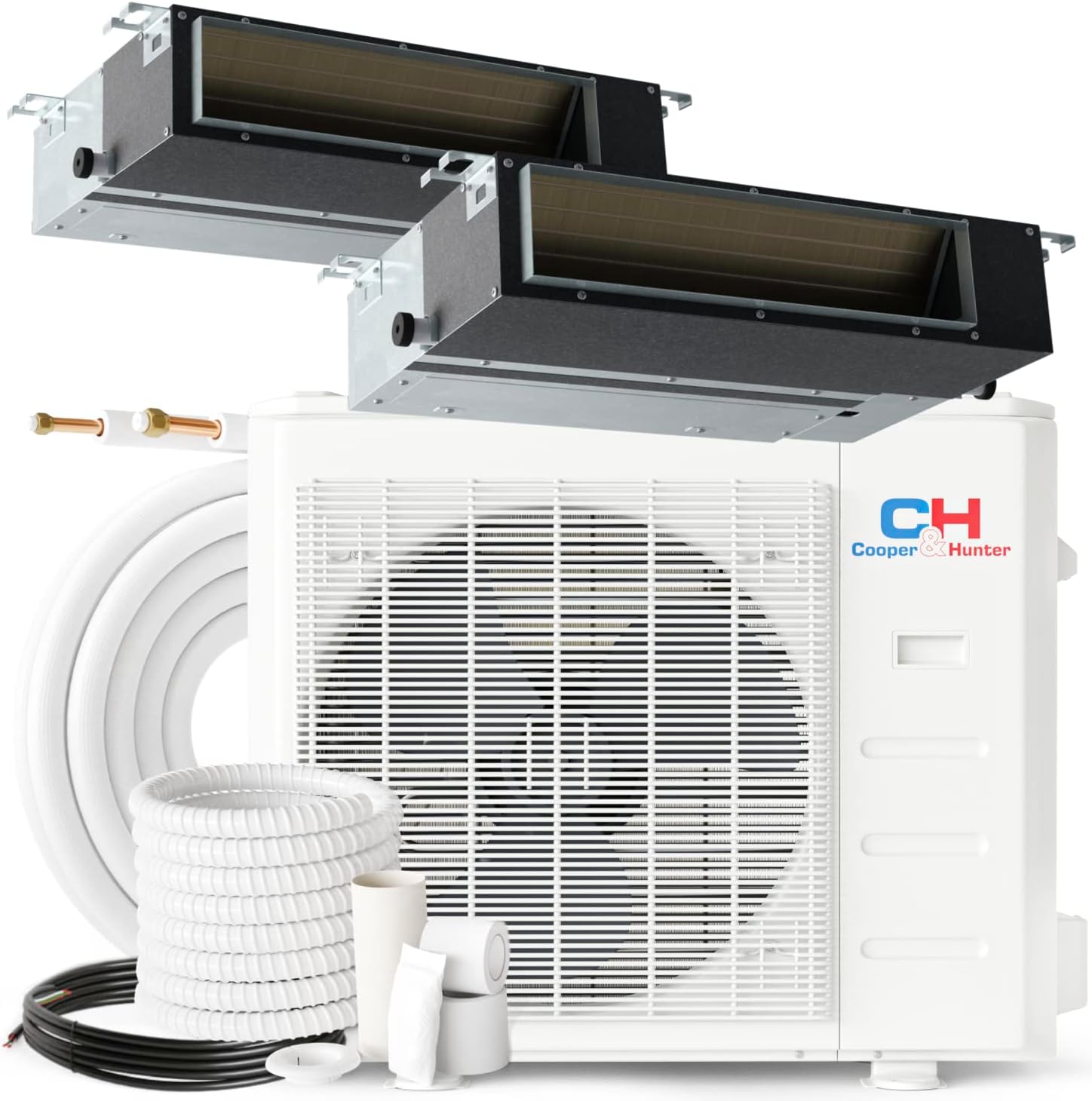 Cooper & Hunter 18,000 BTU 2-Zone Concealed Ducted Mini Split Air Conditioner & Heat Pump – 9K+9K Slim Duct Air Handlers – 22.9 SEER2 Inverter System – 25FT Installation Kits – 230V