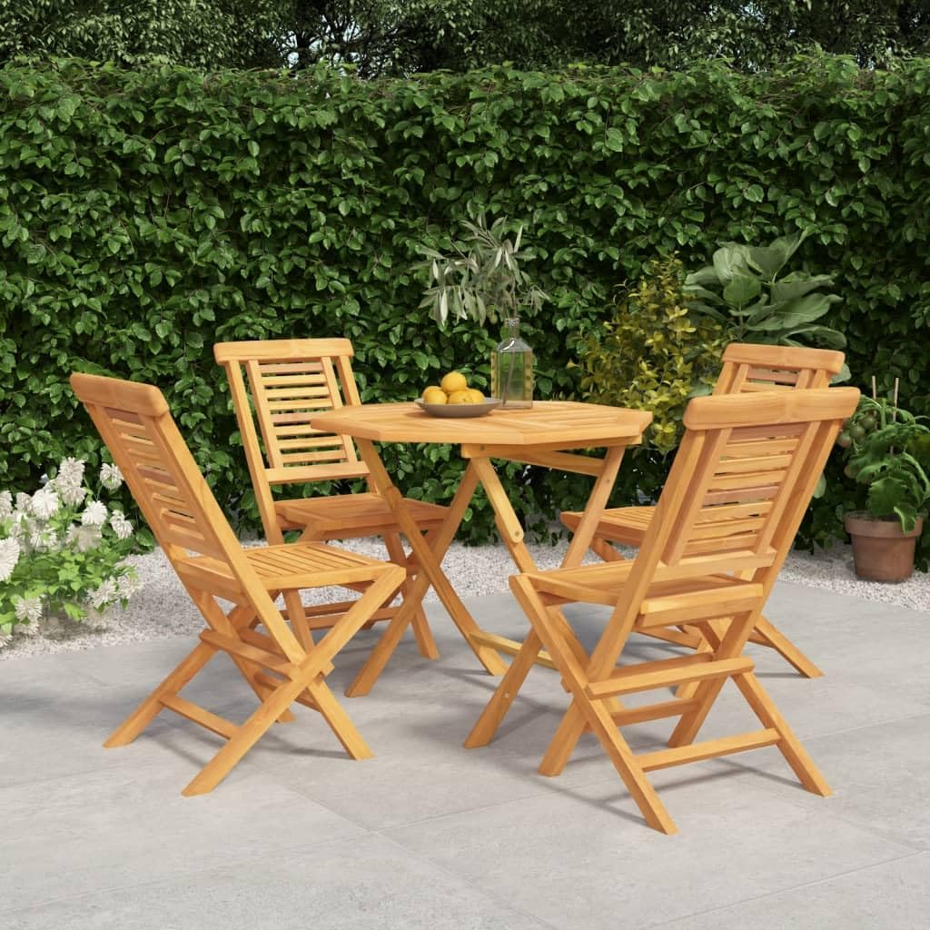 5 Piece Patio Dining Set Solid Wood Teak,Teak Wood Patio Dining Set with Folding Chairs and Parasol Hole for Outdoor Dining Furniture Sets for Patio, Lawn & Garden