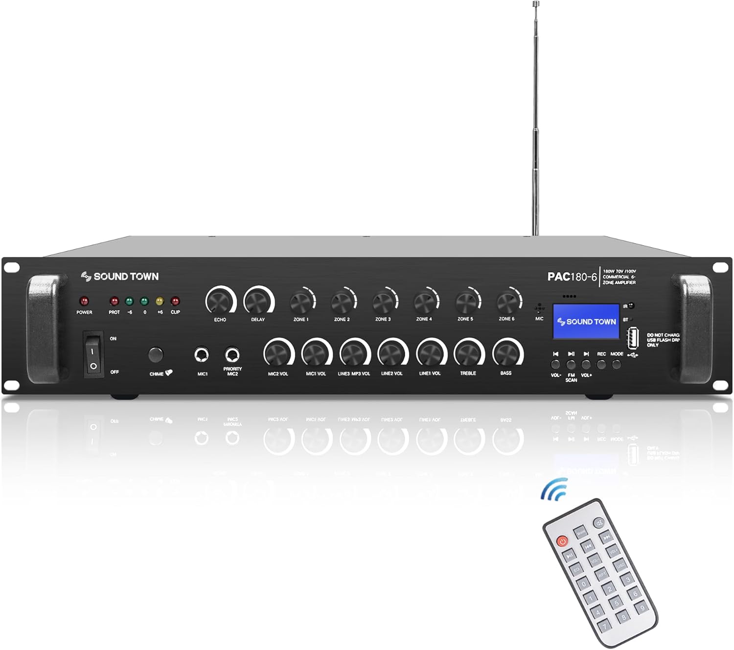 Sound Town Commercial Restaurant Bluetooth Amplifier + Surface-Mount Speaker Set, with One 6-Zone 70V/100V Amplifier with Bluetooth, 4 x 5.25-Inch Surface-Mount Speakers, Black (PAC180X4MS5B)