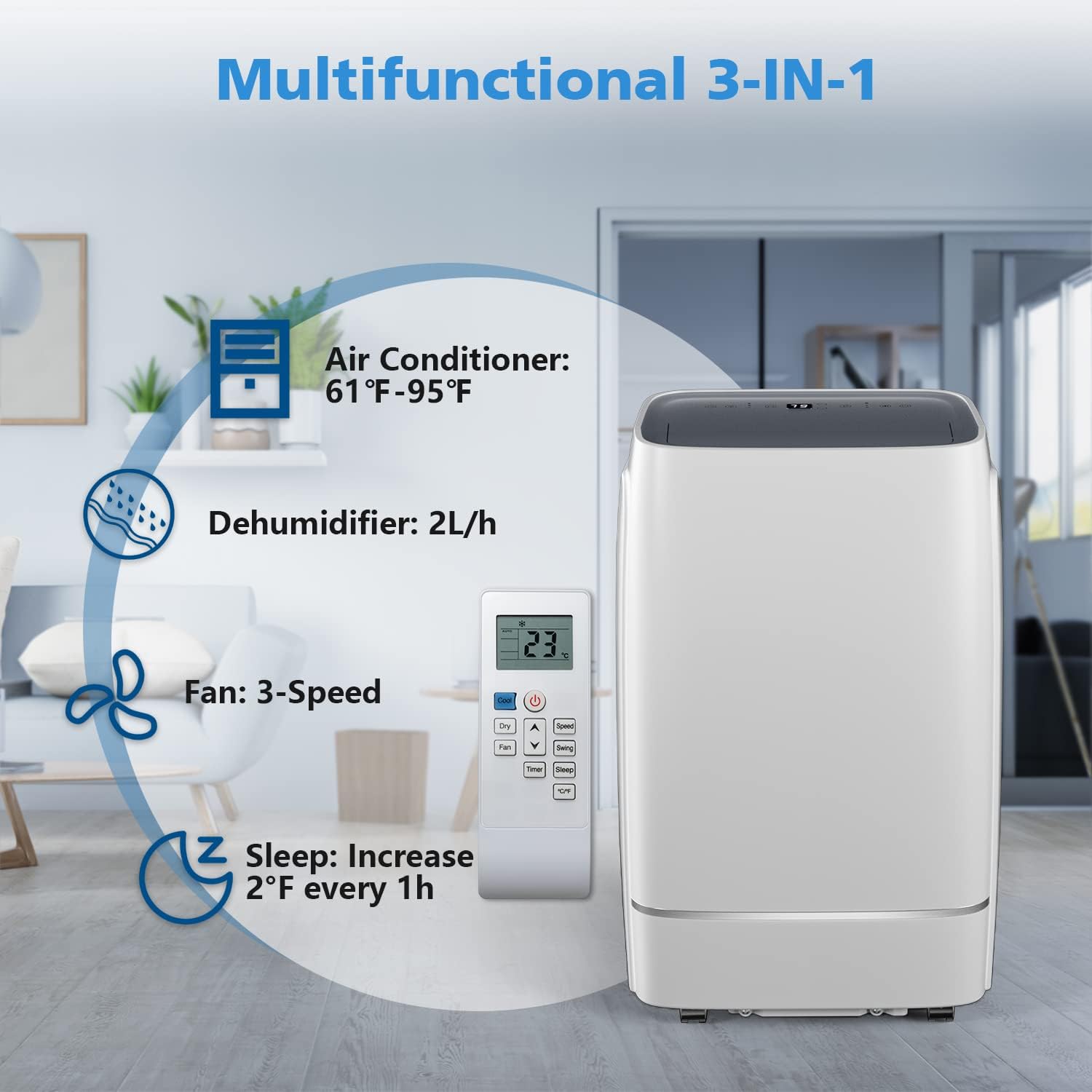 COWSAR 12000 BTU Portable Air Conditioner 4-IN-1 Portable AC Unit 24H Timer Room Air Conditioners 550 Sq.Ft. Coverage ＜53dB Portable Air Conditioners for Room