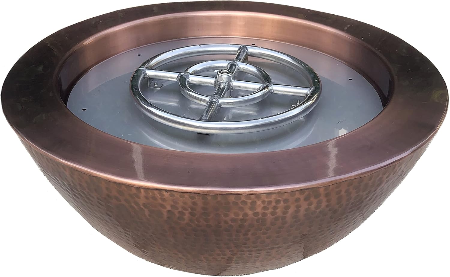 26 Inch Hammered Copper Bowl Round Propane or Natural Gas Fire Pit with 12 inch Diameter Burner Ring 92,000 BTU