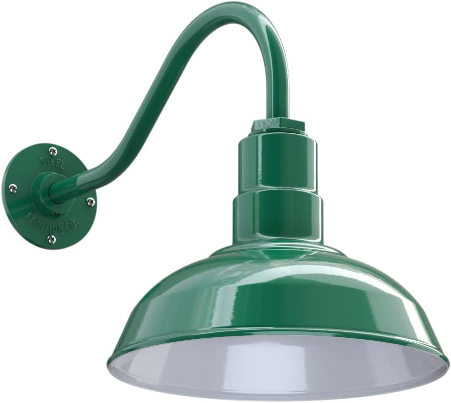 Steel Lighting Co. Westchester Barn Light | Outdoor Wall Mounted | 12 inch Dome | 16 inch Gooseneck| Warehouse Steel Light Made in America | Green Exterior/White Interior
