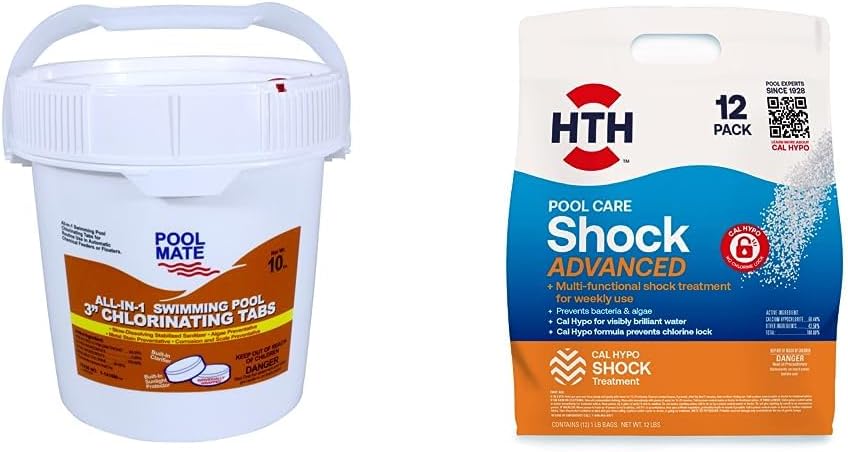 Pool Mate All-in-1 Swimming Pool Chlorine Tabs, 10-Pounds and HTH 52037 Swimming Pool Care Shock Advanced, Swimming Pool Chemical, Cal Hypo Formula, 12 Count(Pack of 1)