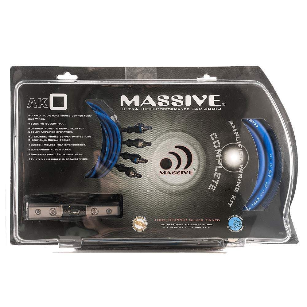 Massive Audio AK0 0 | AWG Amplifier Installation Wiring Kit - Premium 0 Gauge Power & Ground Cables with Fuse Holder for Car Audio Systems