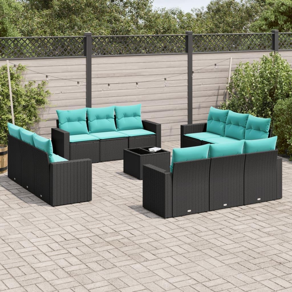 13 Piece Patio Sofa Set, Black Poly Rattan Outdoor Furniture, Modular Design with Blue Cushions, Tempered Glass Tabletop for Garden Balcony