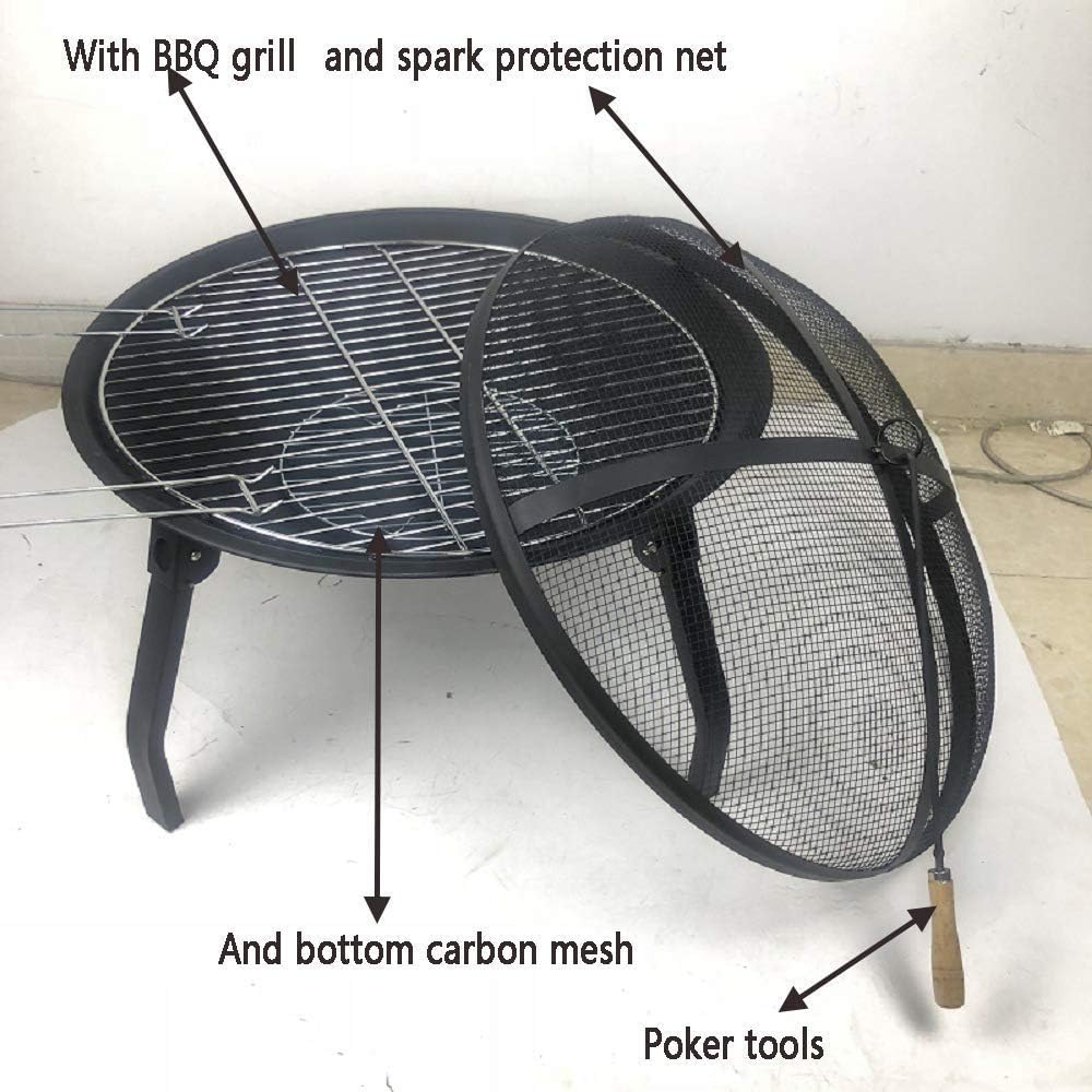 Garden Fire Pit Grill Bowl Grill Barbecue Rack Fire Pits Bowls,Large Wood Burning Cast Iron with Grill and Lid Outdoor Firepit for Log Burning Firepits and Firebowls Heater Outside Camping