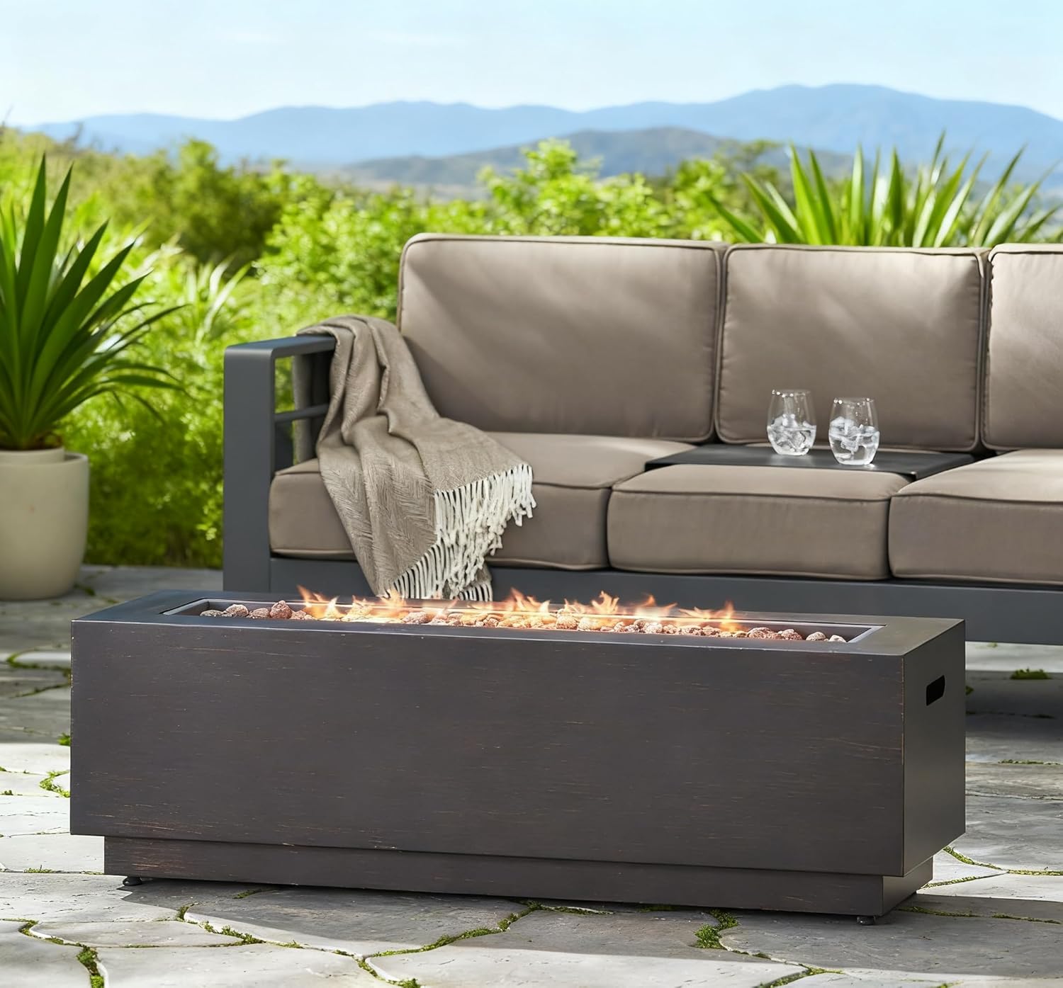 Propane Fire Pit Table, 40 Inch Rectangular 50,000 BTU Outdoor & Indoor, Portable Iron Gas Fire Pits for Patio Backyard Garden, No Assembly, Only Table (Not Included Propane & Cover) - Dark Grey