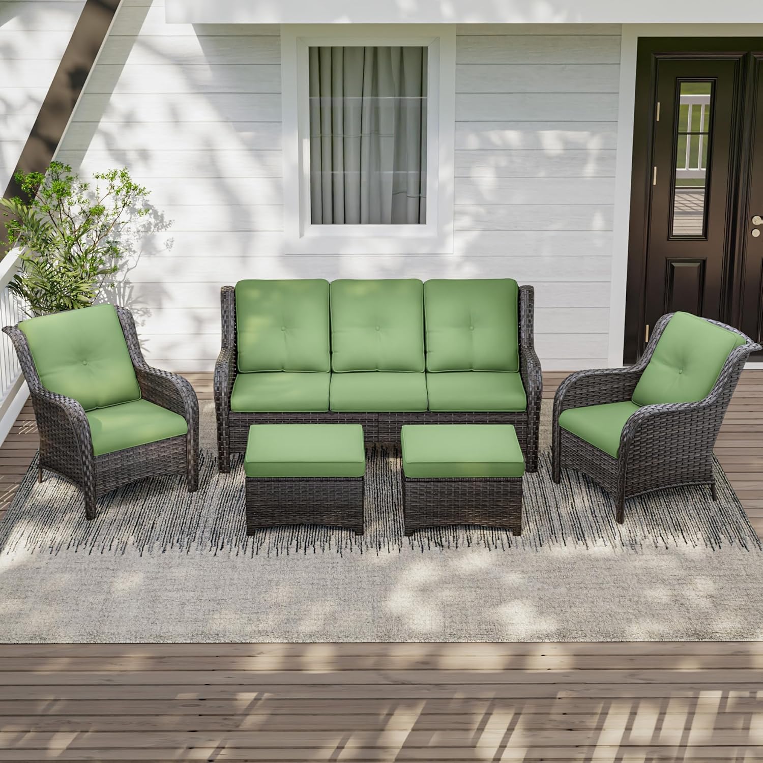 Patio Conversation Set 5-PCS Wicker Outdoor Furniture Conversation Set with 3-Seat Sofa, 2 Armchair, 2 Ottoman Patio Rattan Wicker Sectional Sofa Set with Olefin Cushion, Green