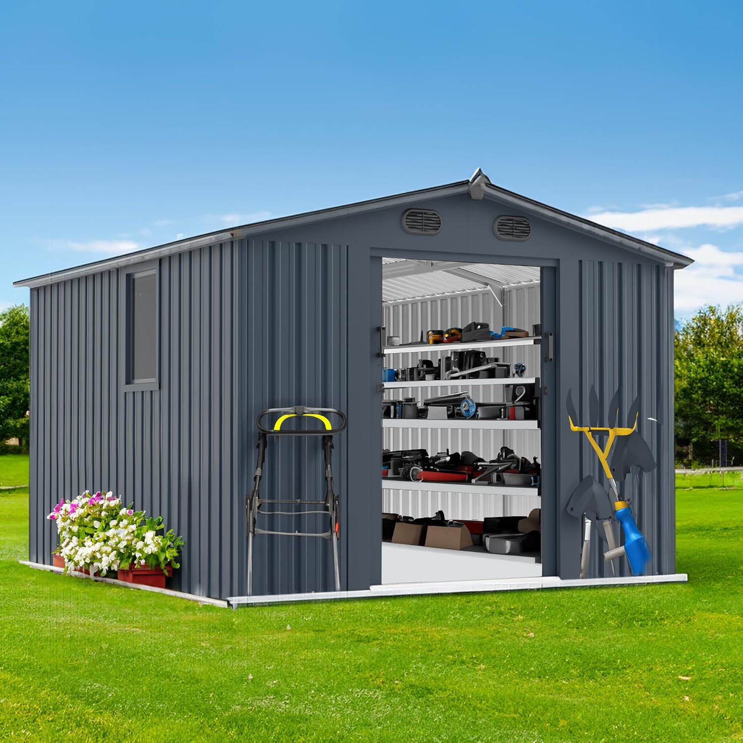 8x10 FT Outdoor Storage Shed,Large Metal Tool Sheds with Window and Lockable Doors, Garden Shed for Backyard Patio Lawn, Dark Grey