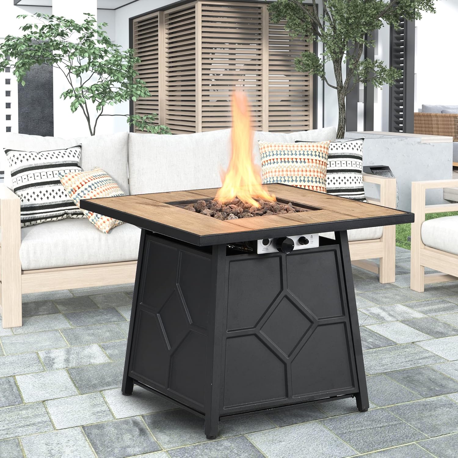 28 inch Square Propane Fire Pit Table, 40,000 BTU Auto-Ignition Outdoor Gas Firepit with Waterproof Cover, Tile Top & Metal Frame for Patio, Deck, Backyard (Brown)​