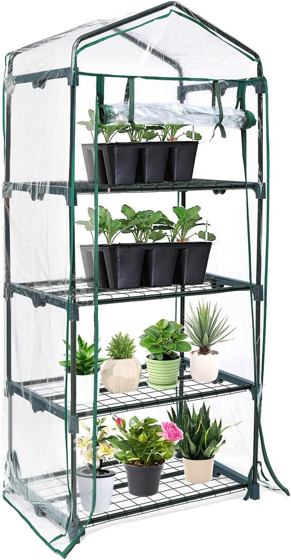Portable Mini Greenhouse 4 Tier Small Greenhouse Gardening Plant with 2 Roll-Up Zippered Doors Green House for Indoor Outdoor Patio, Balcony, Backyard Garden