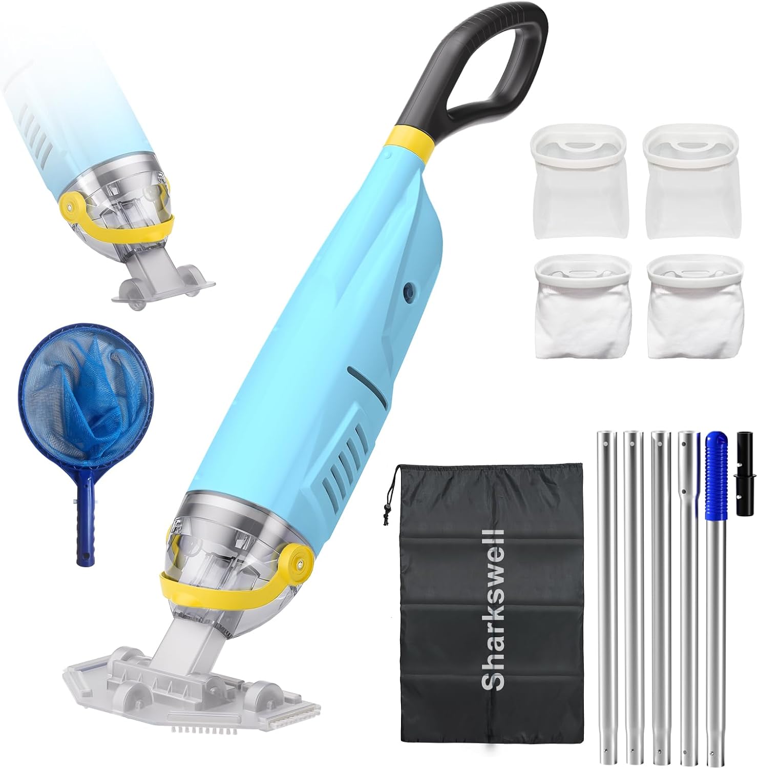 Upgraded Cordless Pool Vacuum with Telescopic Pole, 60 Min Powerful Suction & Transparent Head, Rechargeable Handheld Cleaner for Above Ground Pools, Inground Pools, Hot Tubs and Spa