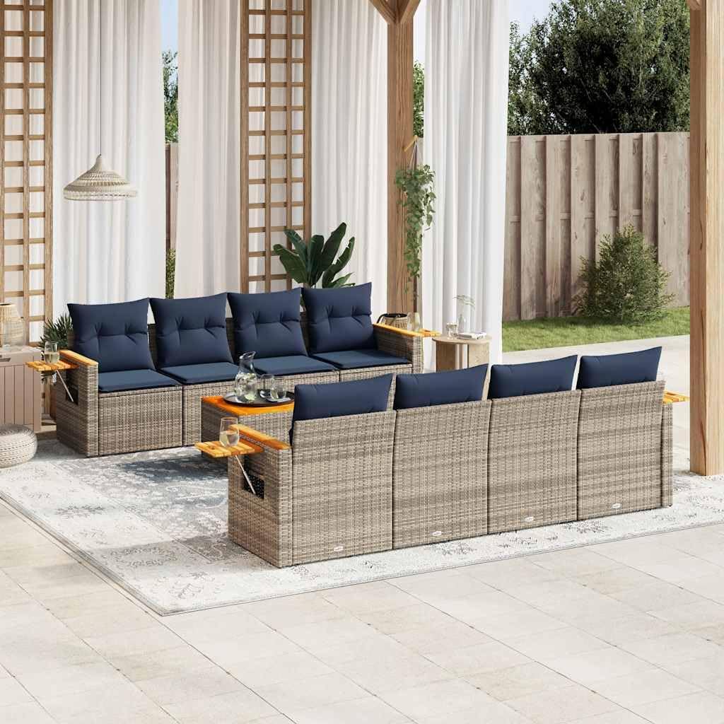 9 Piece Patio Sofa Set, Grey Poly Rattan Outdoor Furniture with Cushions, Acacia Wood Tabletop, Modular Design for Backyard, Terrace