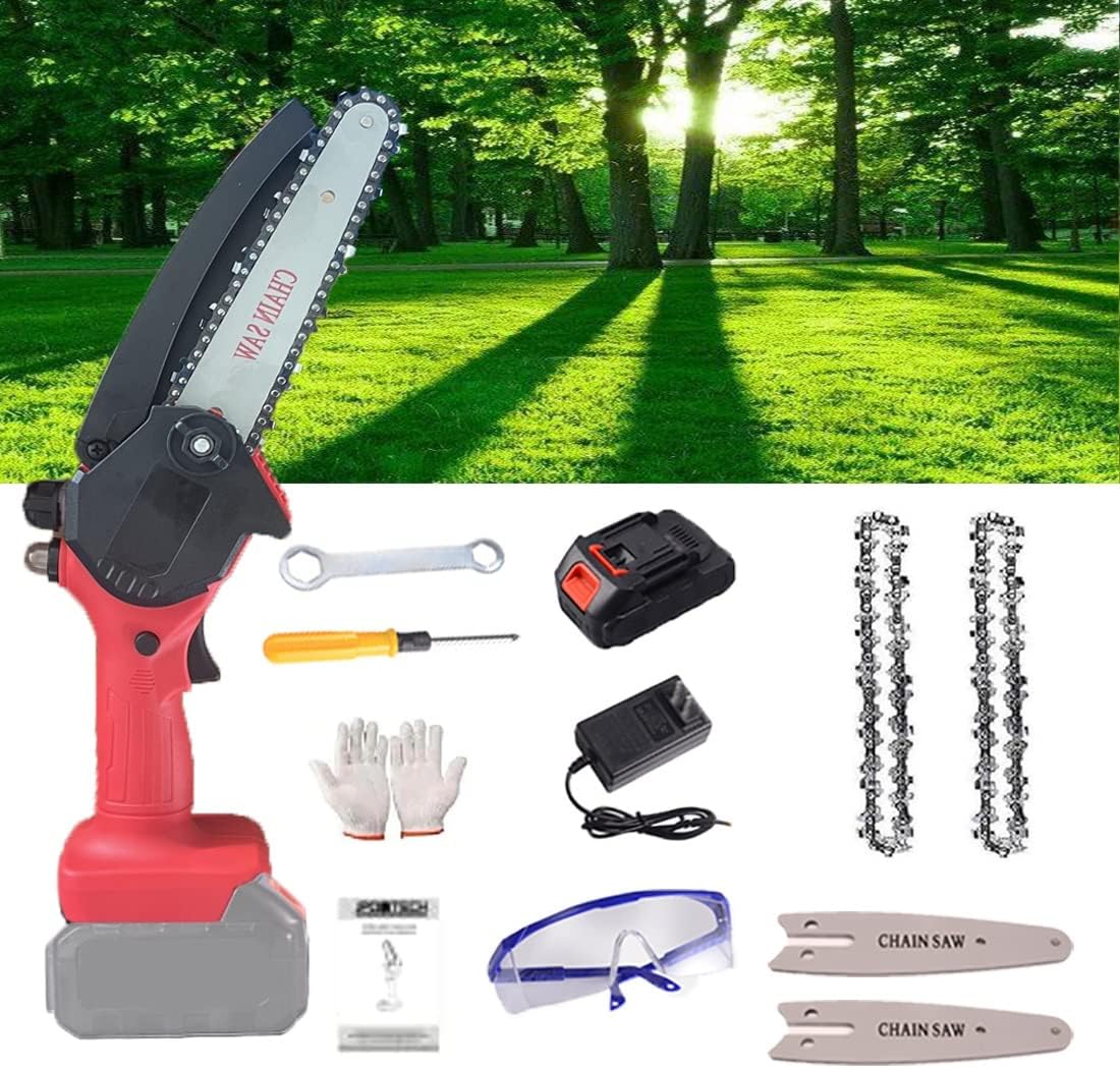 24V 6 Inch Cordless Battery Powered Chain Saw,Mini Chainsaw,Electric Chainsaw, Handheld Mini Chainsaw forcutting Pruning and Gardening and one-Hand Chainsaw (Color : Red, Battery *1 : 2*Chain)