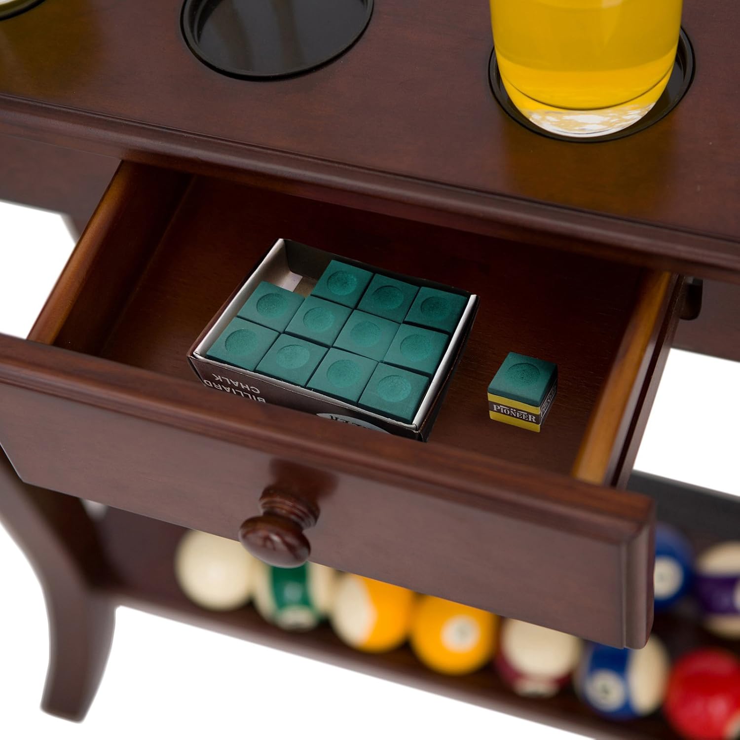 Hathaway Deluxe Floor Pool Cue Rack - Billiard Rack with Drawer, 4 Cup Holders, 8 Pool Stick Holder Slots & Organizer for Balls and Pool Cue Accessories - Pool Cue Holder for Billiards - Walnut Finish