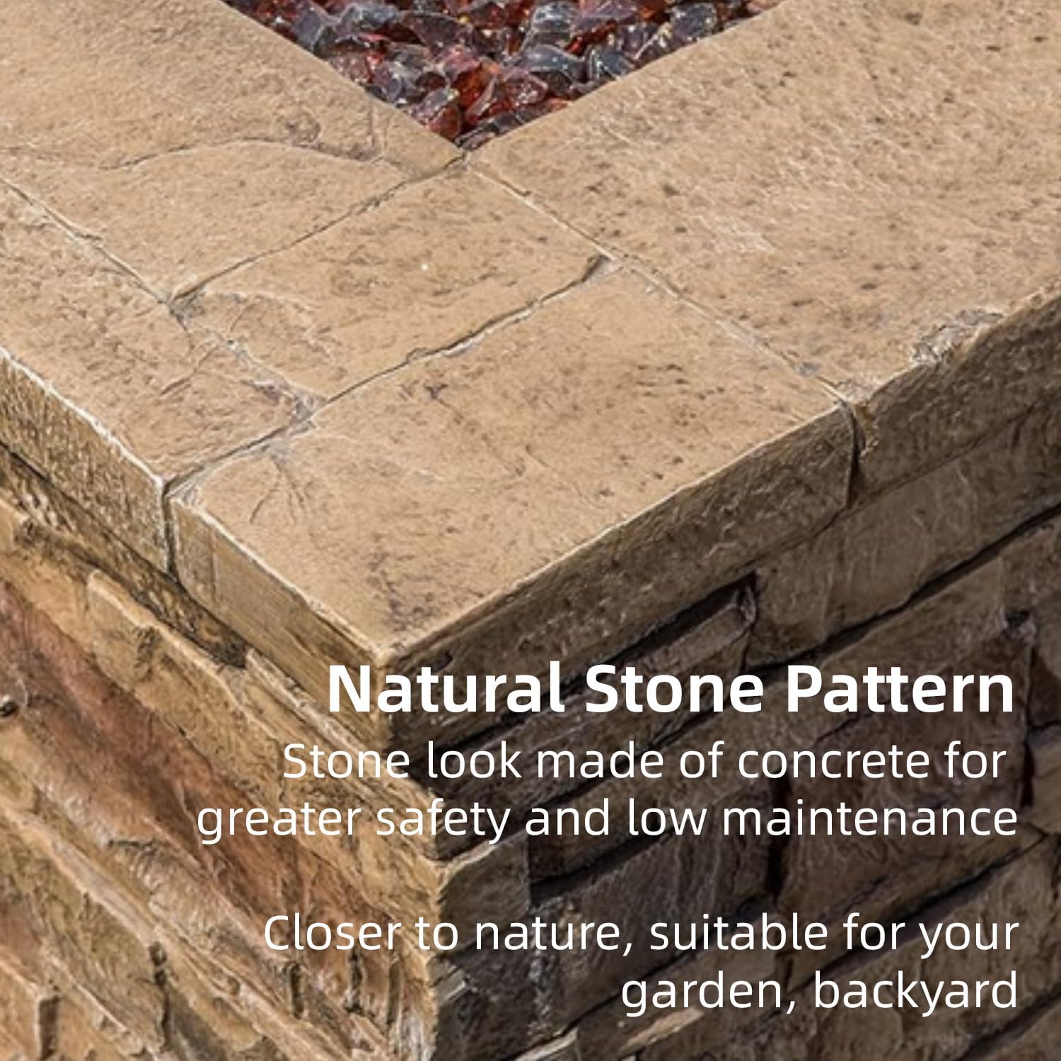 SUNBURY Outdoor Propane Fire Pit, Square Stonecrest Gas Firepit for Outside Patio, Concrete Propane Fire Table 50,000 BTU Gas Fire Pits w Lava Rocks, Waterproof Cover, CSA Certified