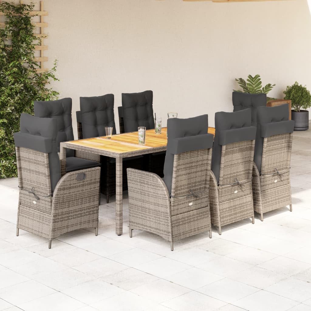 9 Piece Patio Dining Set with Cushions Gray Poly Rattan,Outdoor Patio Dining Set with Adjustable Backrest and Cushions for Garden and Backyard Furniture Sets for Patio, Lawn & Garden