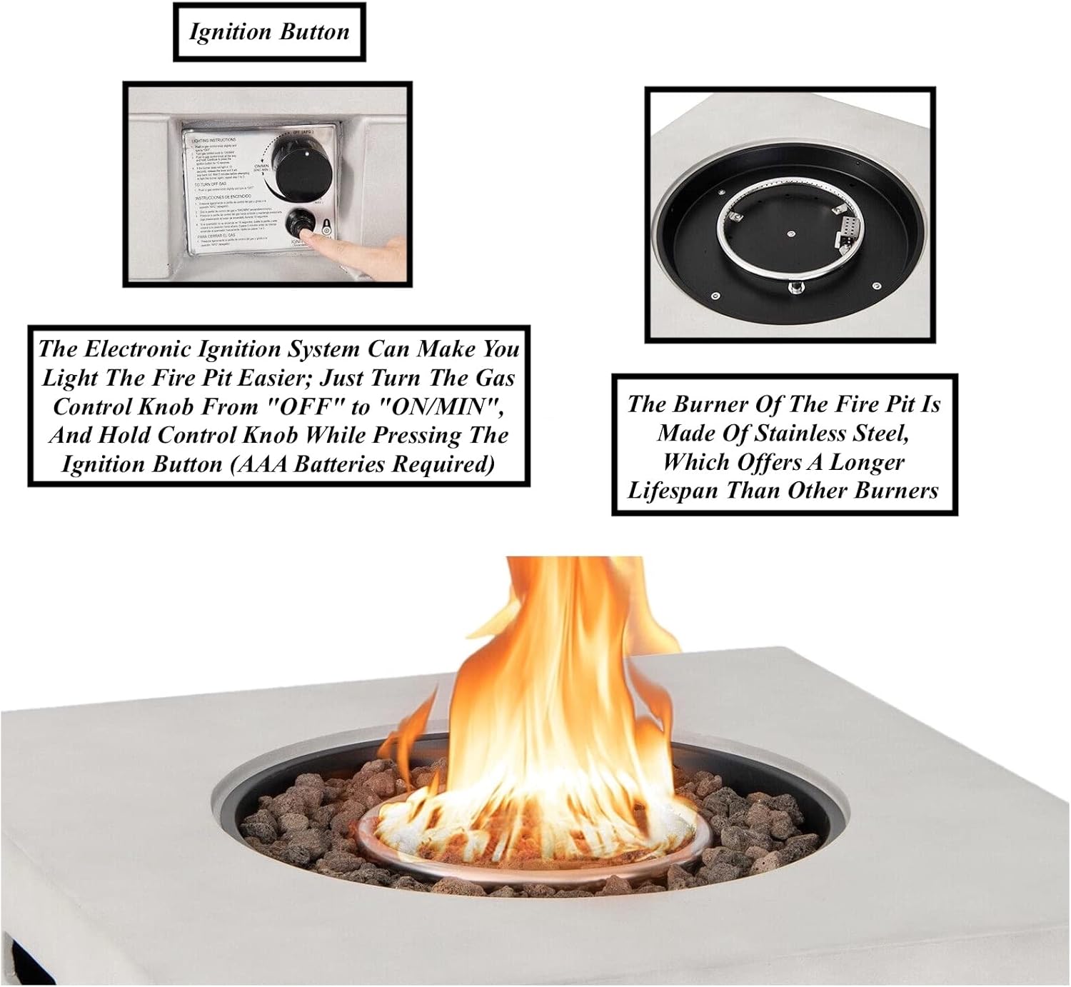 2 in 1 Design Square Concrete Propane Gas Fire Pit Table Patio Coffee Table with Lava Rock PVC Cover 50,000 BTU Heating Output Stainless Steel Burner Perfect for Backyard Poolside Garden Use