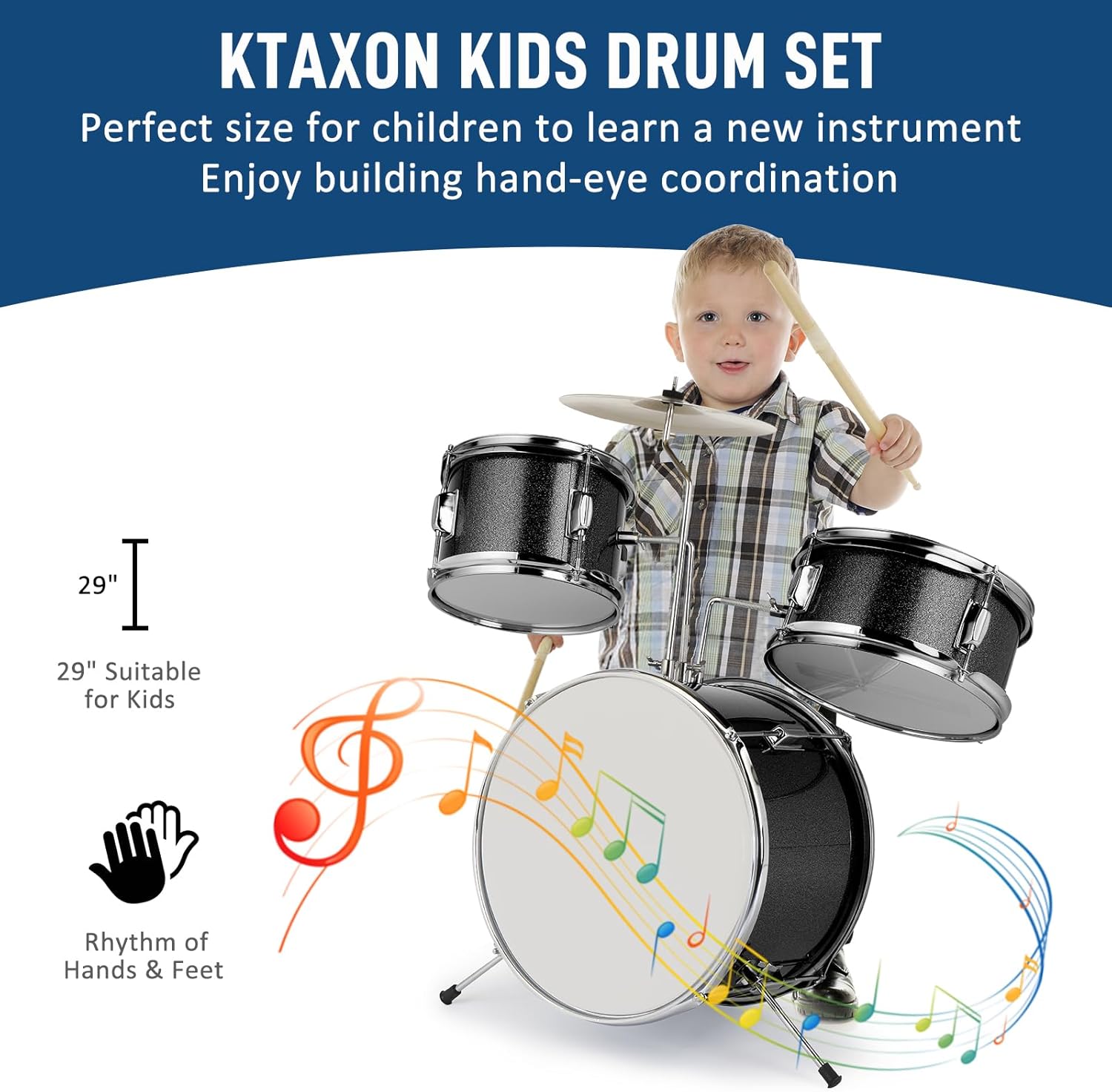 Ktaxon 3-Piece Drum Set, 14 Inch Beginners Drums Kit with Throne Stool, Pedal & 2 Pairs of Drumsticks, Junior Drums Set Musical Instruments W/Cymbal, Tom, and Snare Drum (Black)