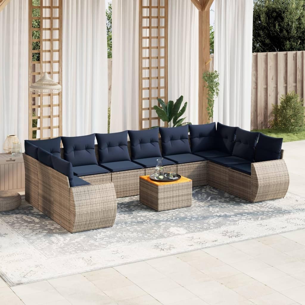 Grey 11 Piece Poly Rattan Garden Sofa Set with Cushions, Modular Outdoor Patio Furniture Dining Table and Chairs for Backyard Terrace