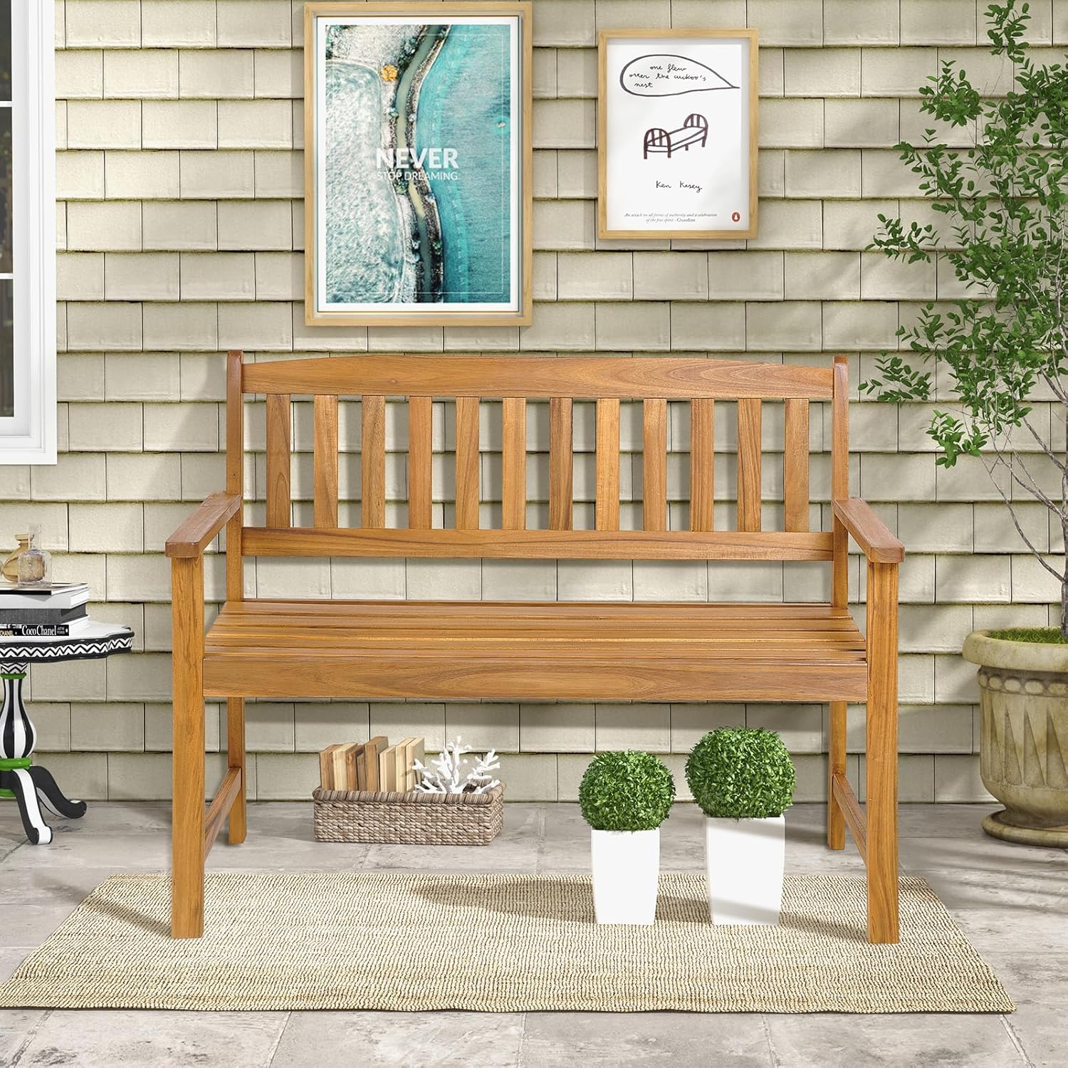 Tangkula Outdoor Acacia Wood Bench, 2-Person Garden Bench with Backrest and Armrests, Garden Bench with Slatted Seat for Porch, Park, Backyard, 800 Lbs Max Load, 43” L x 22” W x 34” H, Natural