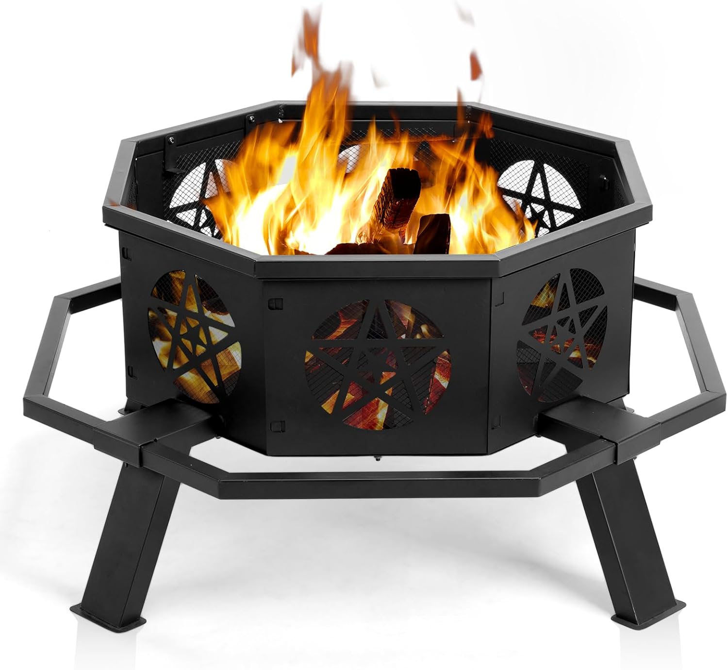 35 Inch Outdoor Fire Pit, Octagonal Alloy Steel Fire Bowl with Ventilation Bottom, Cutout Wall for Better Airflow, 4 Riser Protection, Foot Pedals, and Poker for Patio, Backyard, and Garden Bonfires