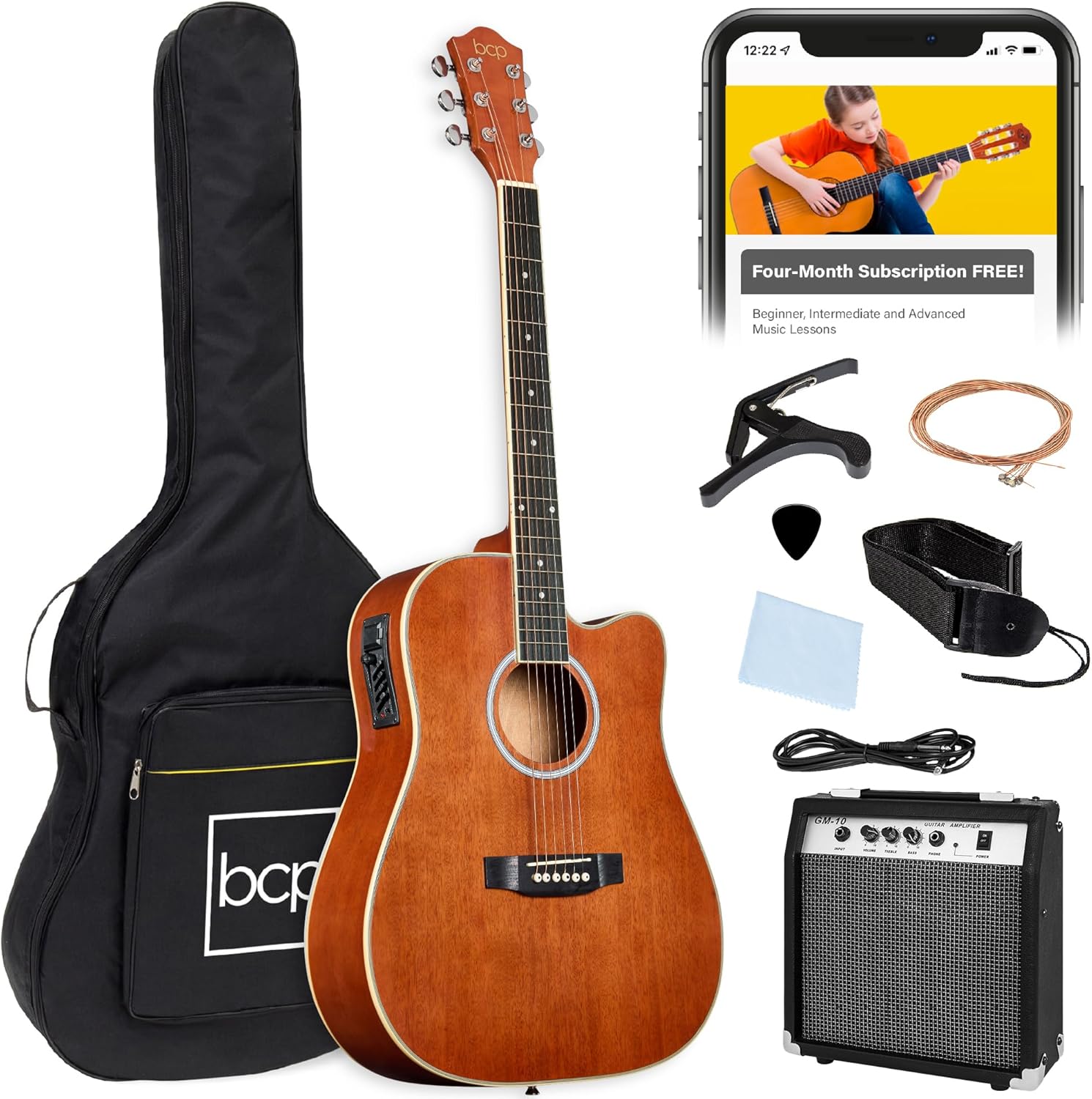 Best Choice Products Beginner Acoustic Electric Guitar Starter Set w/ 41in, All Wood Cutaway Design, Gig Bag, Strap, Picks - Natural Mahogany
