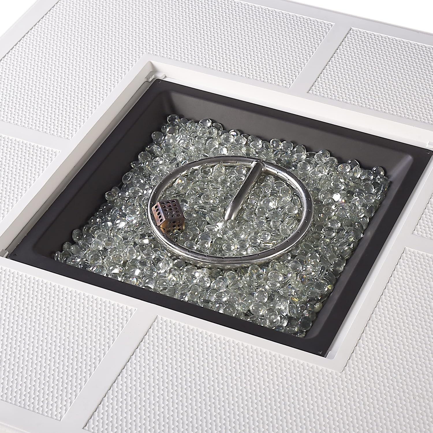 Square 42 in. x 42 in. Aluminum Propane Fire Pit Table with Glass Beads, Two Covers, Lid, 57,000 BTUs in White Finish