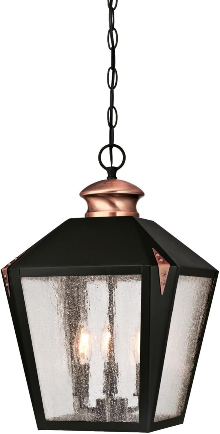 Westinghouse 6339100 Valley Forge Three-Light Outdoor Pendant, Matte Black Finish with Washed Copper Accents and Clear Seeded Glass