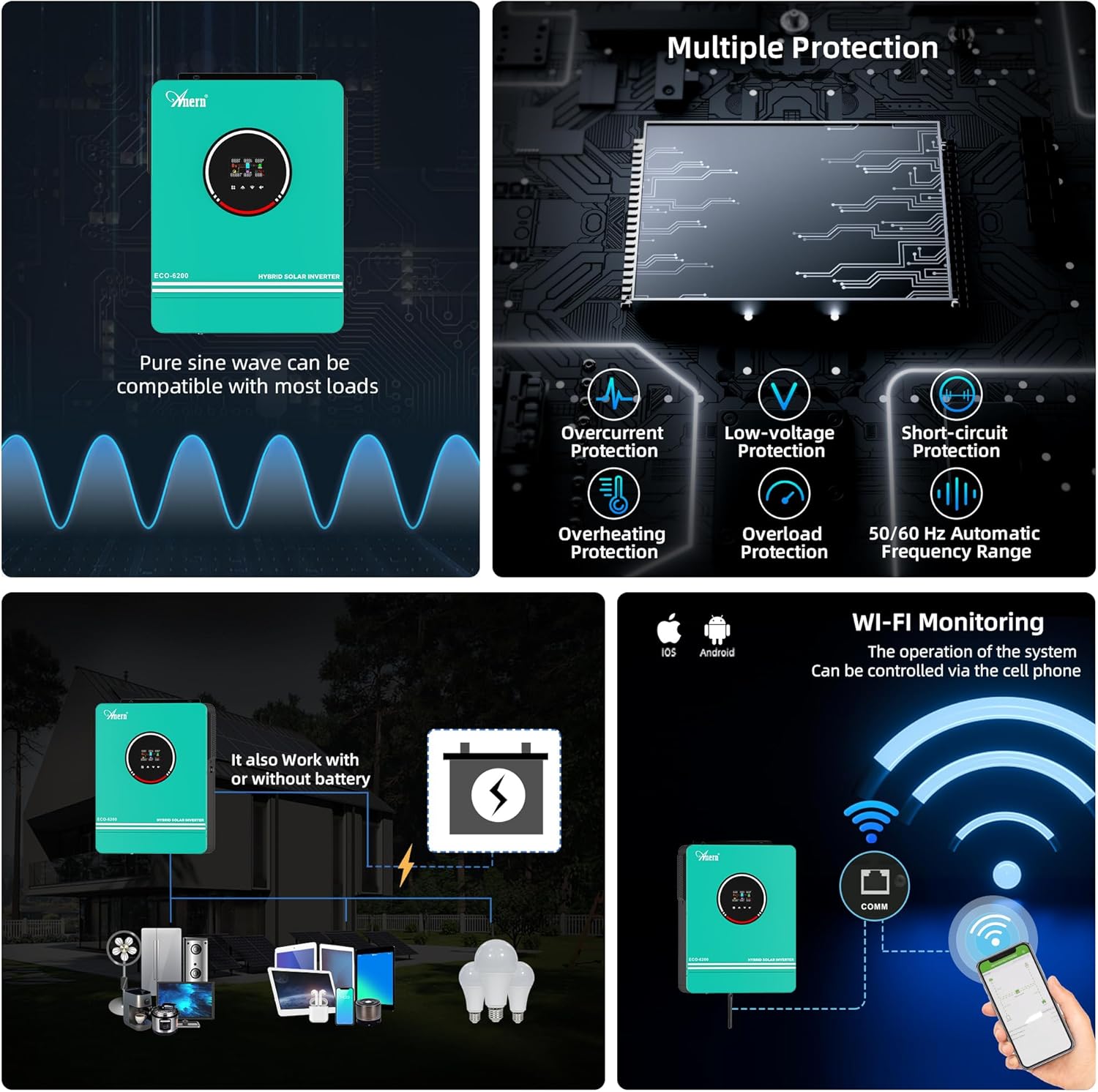 Anern 6200W Hybrid Solar Inverter 48V DC to 220-230VAC, Pure Sine Wave Solar Inverter with 120A MPPT Solar Charge Controller, Fit for 48V Lithium Lead-Acid Gel Battery Off-Grid System