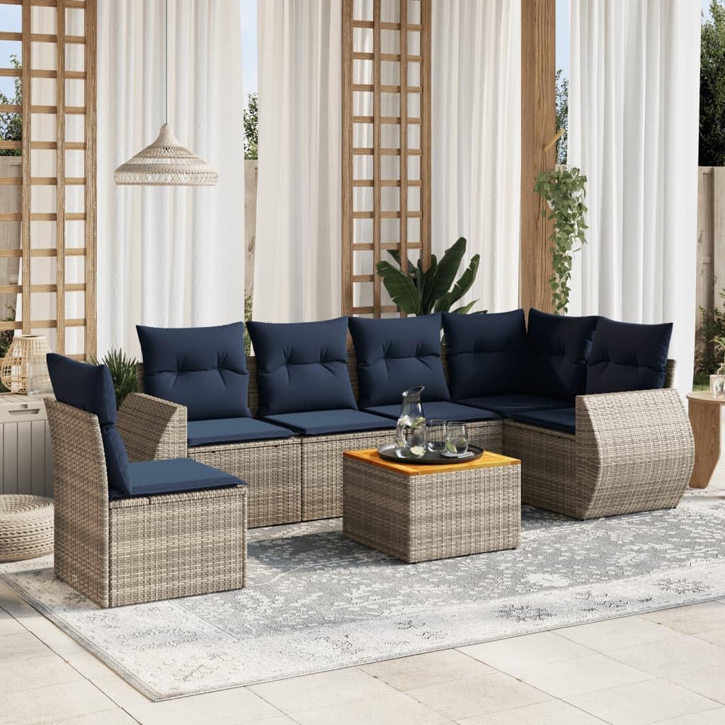 7 Piece Garden Sofa Set, Grey Poly Rattan Outdoor Patio Furniture with Cushions, Acacia Wood Tabletop, UV-Resistant, Modular Design