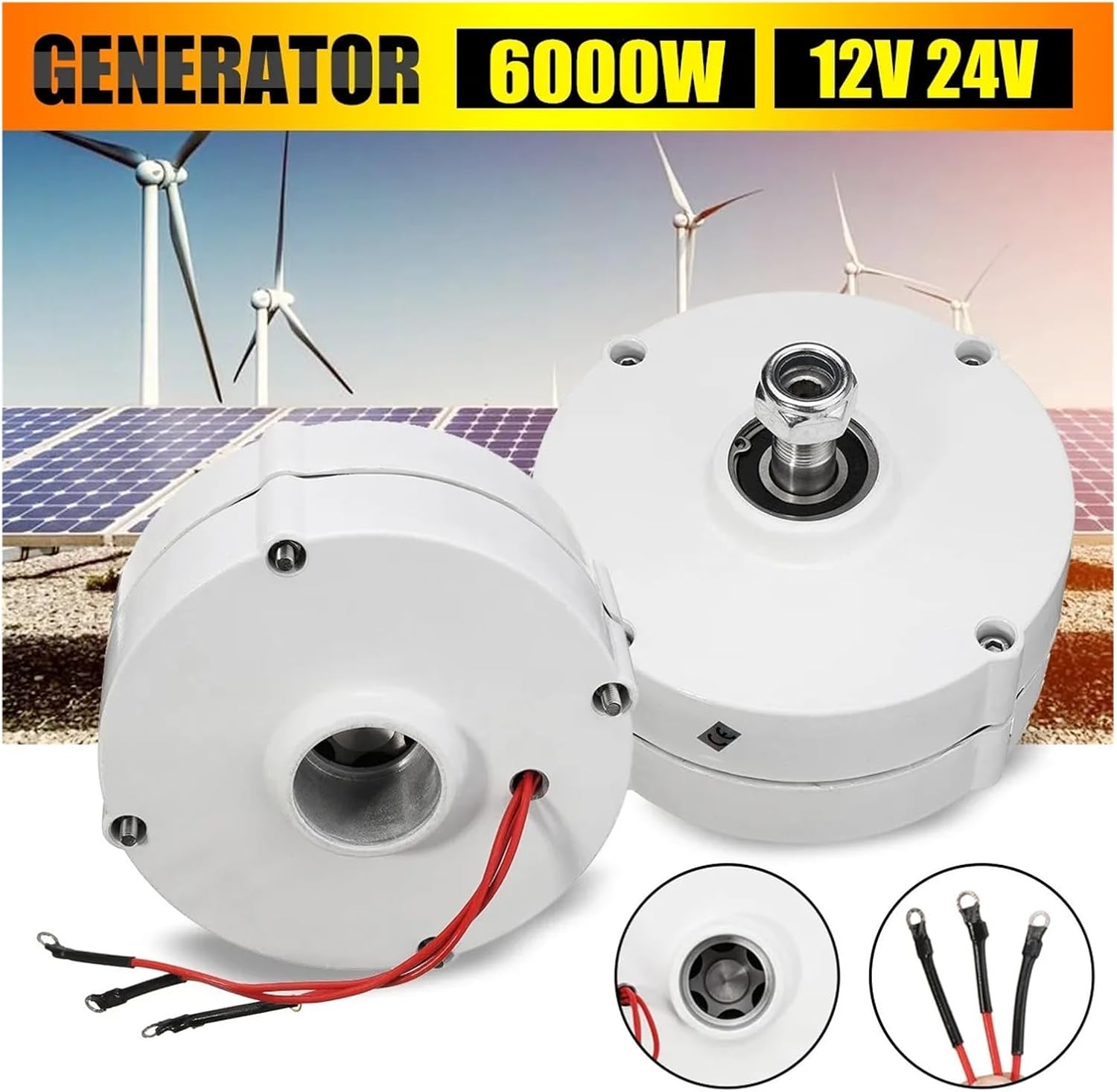 Wind Turbine Generator, Wind Turbine Generator Motor 6000W 12V 24V 3 Phase Gearless Permanent Magnet AC Alternator For Wind Water Turbine Diesel Engine for Marine, RV, Home(12V)