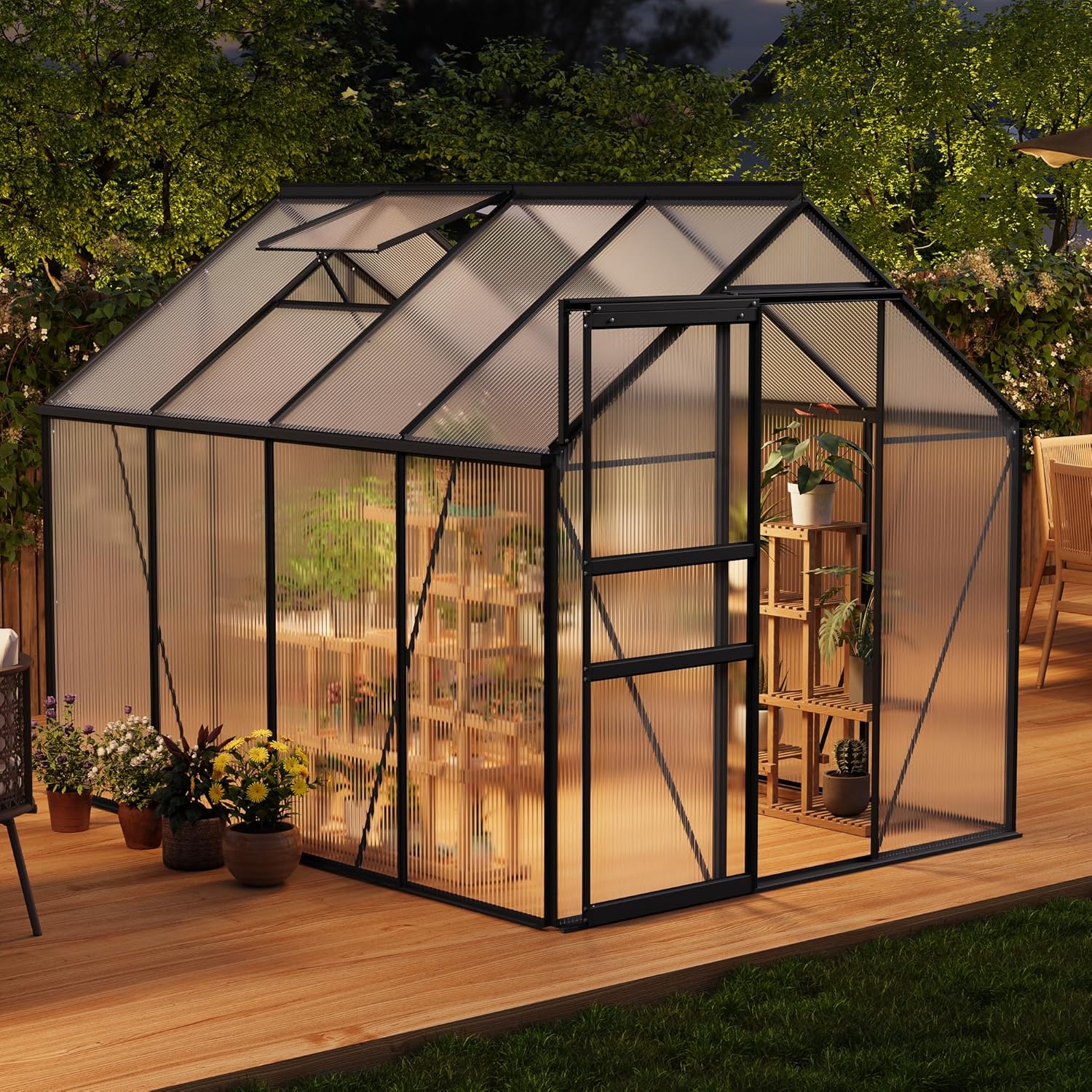IDEALHOUSE 6 x 8FT Greenhouse for Outside, Polycarbonate Greenhouses with Aluminum Frame, Sliding Door, Adjustable Roof Vent for Backyard, Outdoor Green Houses Garden Backyard, Patio