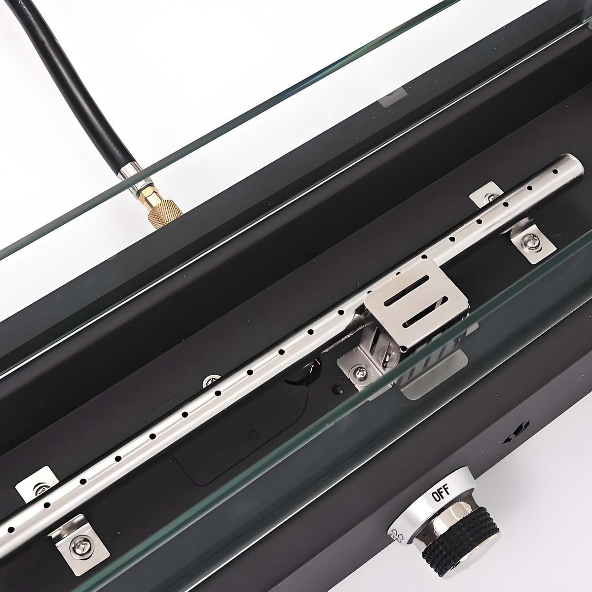 Linear Tabletop Propane Fire Pit Patio Heater with Glass Wind Guard Adjustable Flame Control Knob Blue Fire Glass Smokeless Fire Pit Small Fireplace for Patio Table Camping