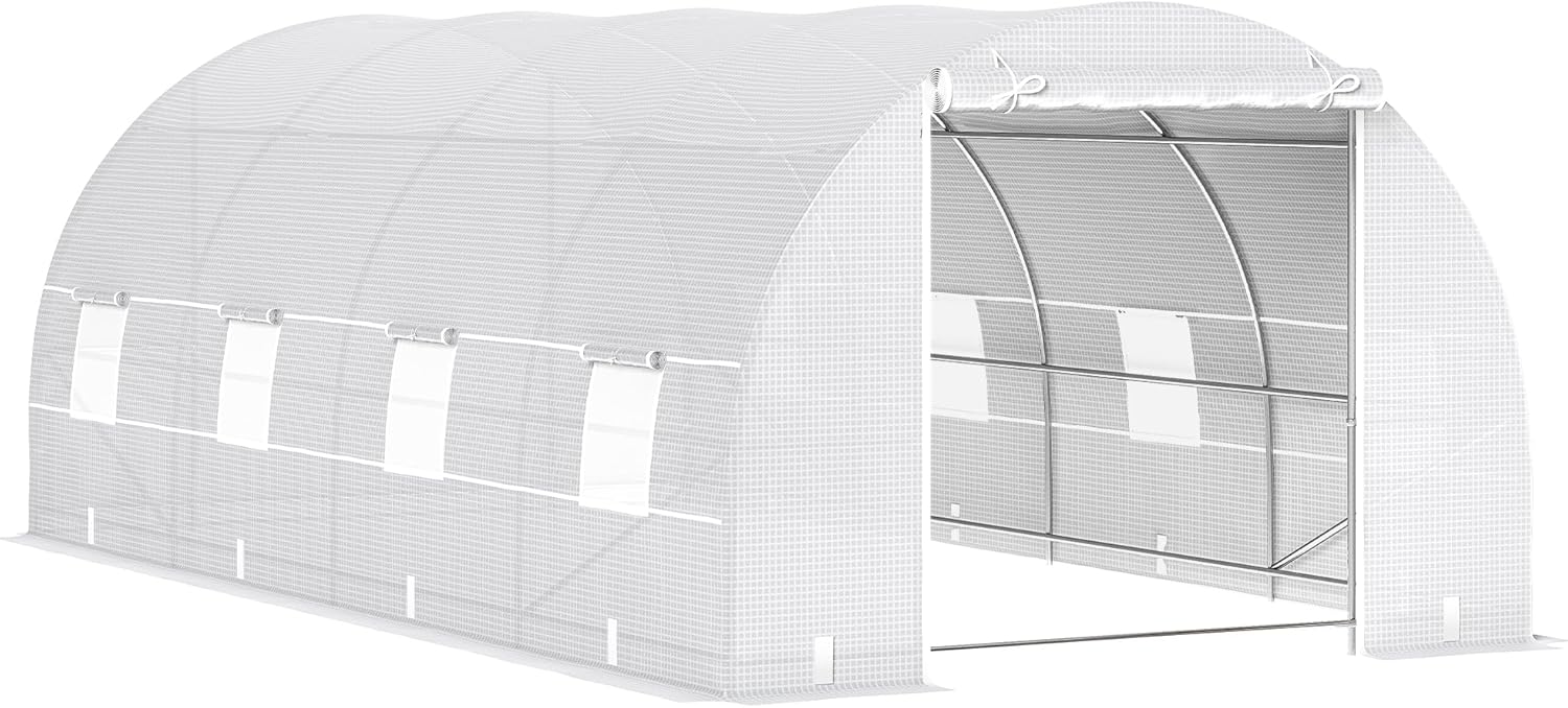 Outsunny 20' x 10' x 7' Walk-in Tunnel Greenhouse with Zippered Door & 8 Mesh Windows, Large Garden Green House Kit, Galvanized Steel Frame, White