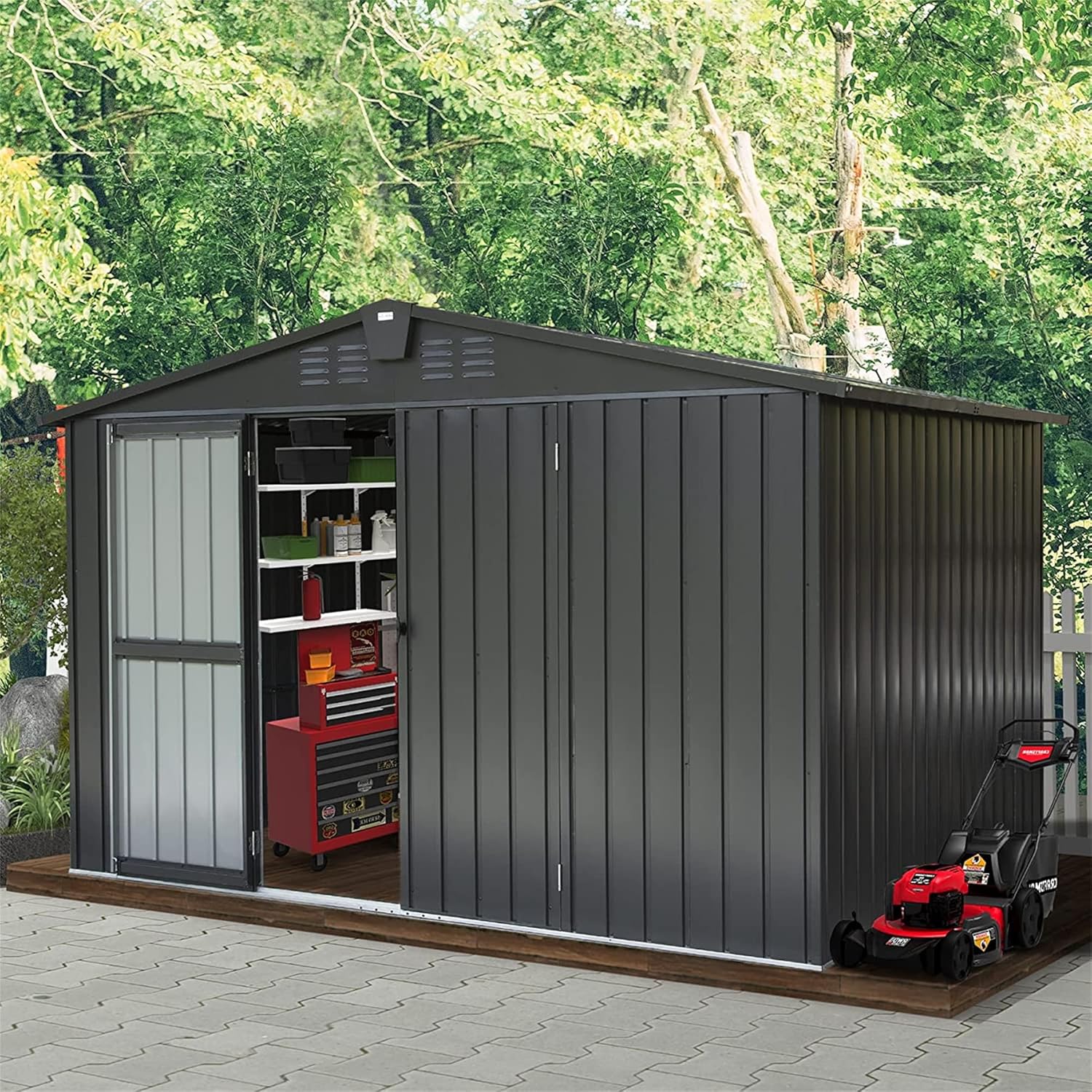 Ritsu Outdoor Storage Shed, Outdoor Garden Shed for Bike, Trash Can, Machine, Galvanized Steel, Outdoor Shed with Lockable Door for Backyard, Patio, Lawn (10'x 8', Black)