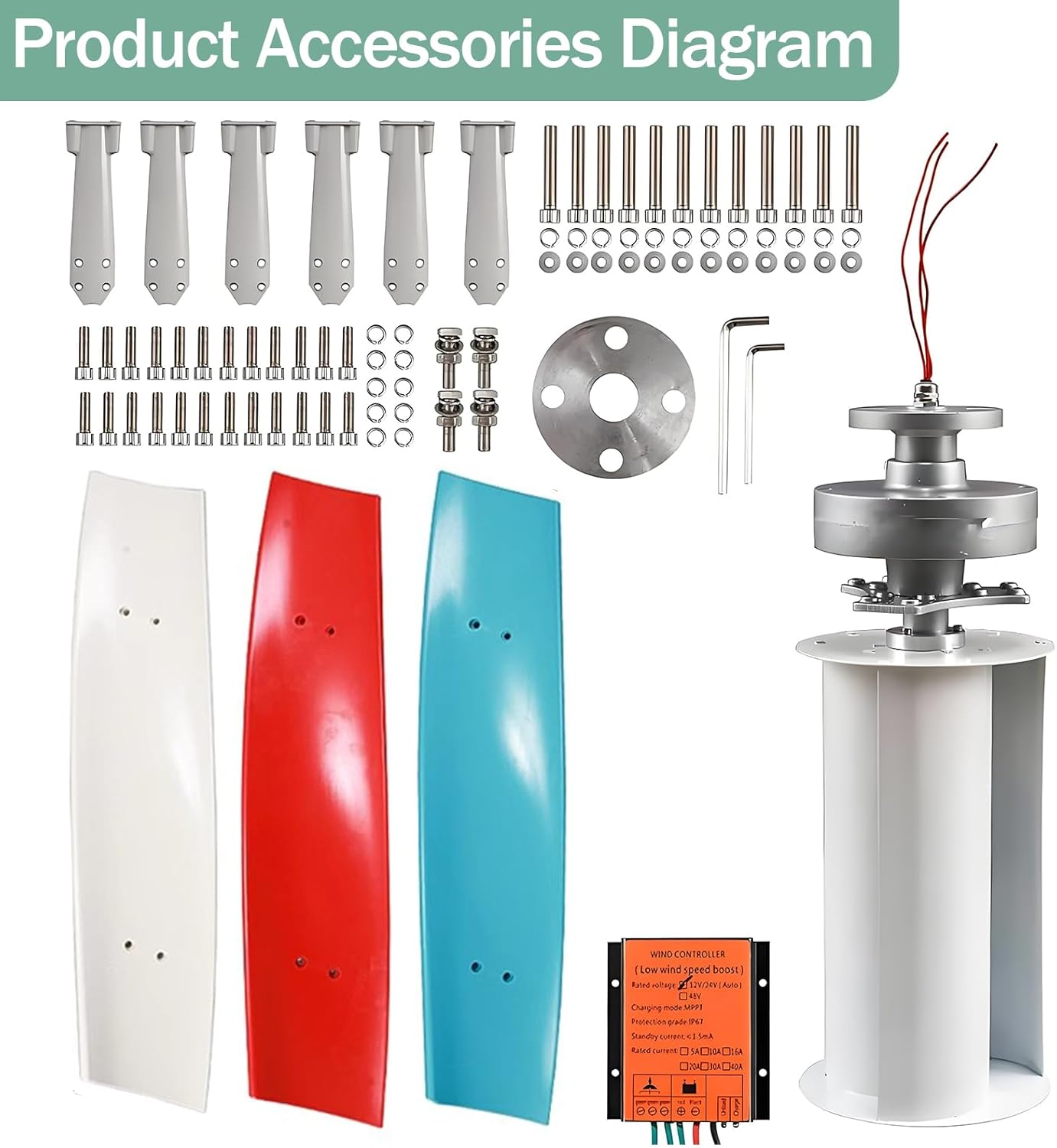 Wind Turbine Generators for Home Use, 2000w Vertical Axis Wind Turbine Generator with Mppt Controller and Three Blades, 12/24v Wind Turbines for Home, Rated Wind Speed 13m/s,Colorful,2000w24v