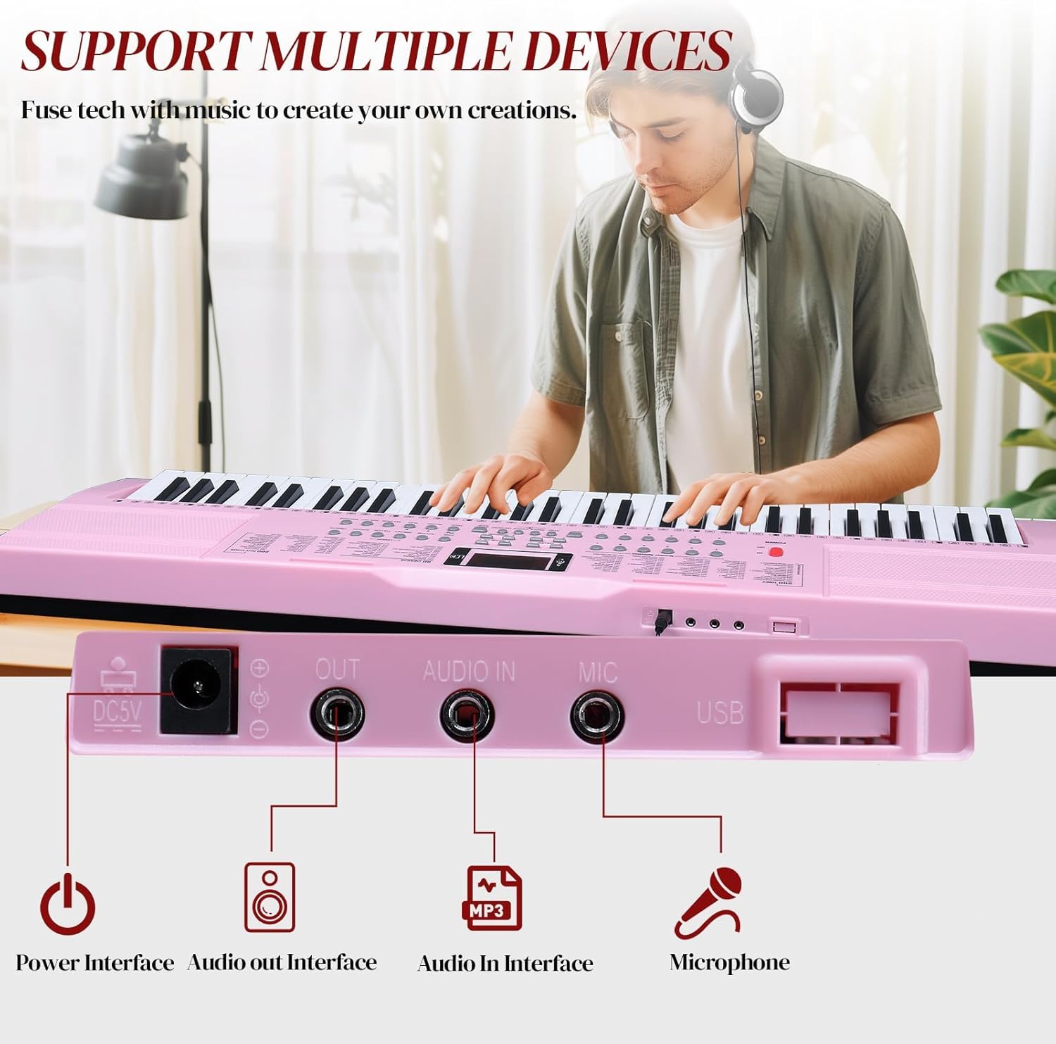 Ktaxon 61 Key Keyboard Piano Electric Keyboard w/Lighted Keys, Electric Piano Set with Headphones, Microphone, Music Rest, Power Adapter, Stand, Piano Bench and Manual (Full-Pink)