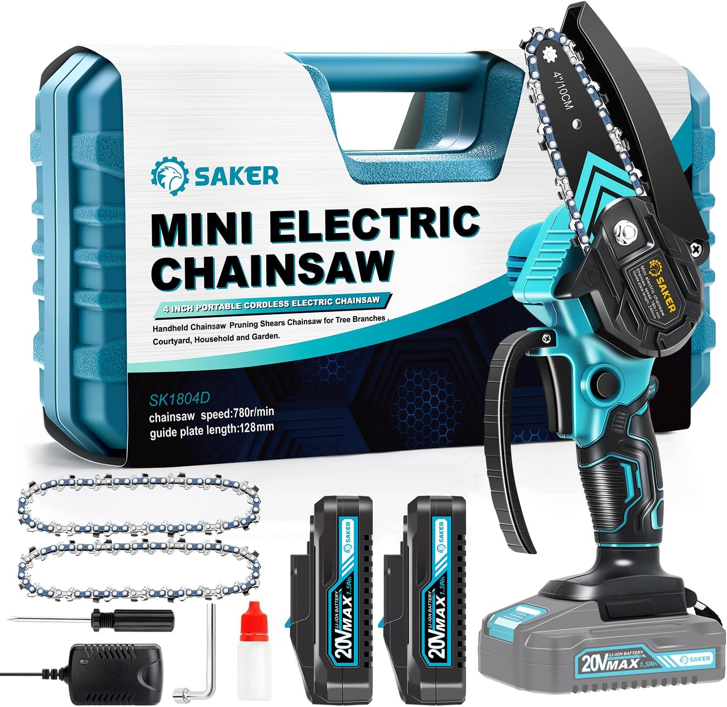 Saker Mini Chainsaw,Portable Electric Cordless Chainsaw,Battery Powered,Small Power Handheld Chain Saws Pruning Shears for Tree Branches,Christmas Gifts for Men Dad Women(2 Batteries&3 Chains)