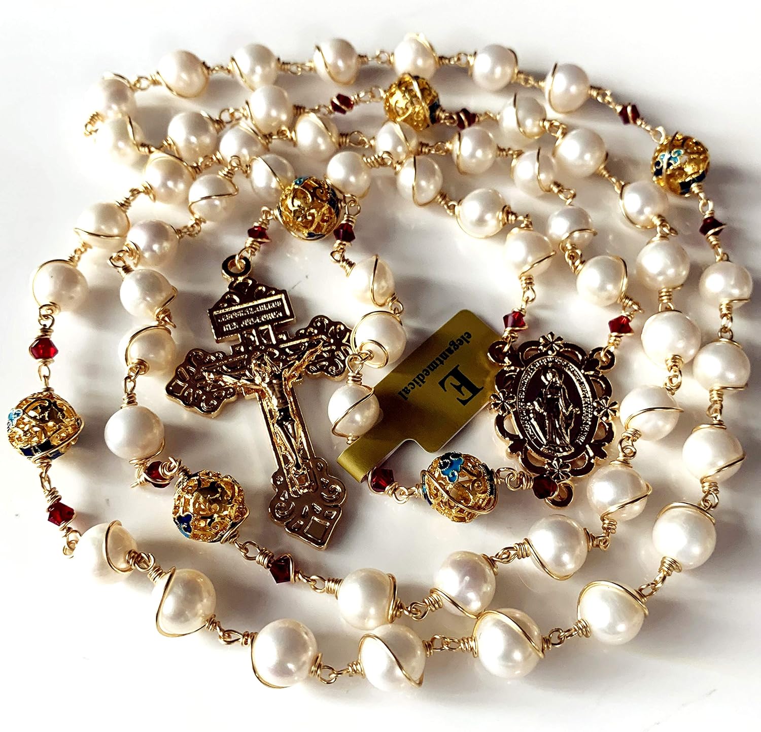 elegantmedical HANDMADE Gold Wire Wrapped Bead AAA White 10mm Real Pearl Rosary Cross NECKLACE BOX