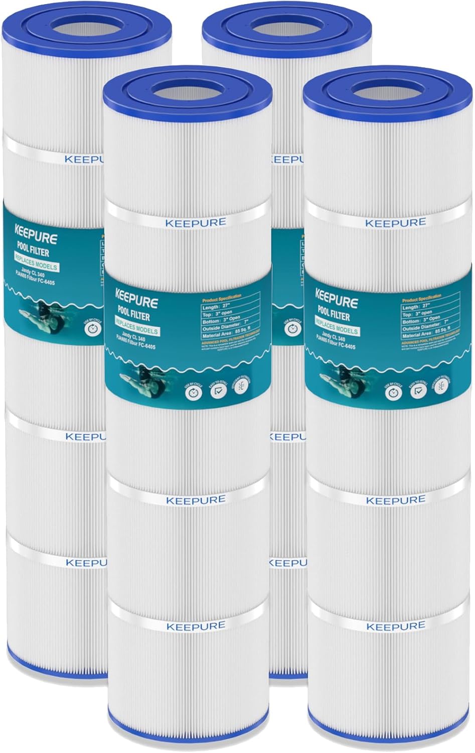 Jandy CV340 Pool Filter Cartridge Compatible with Jandy CL340, PJAN85, C-7459, FC-6405, FC-0800, R0554500, A0557900, 4×85 Sq. Ft, 4 Pack